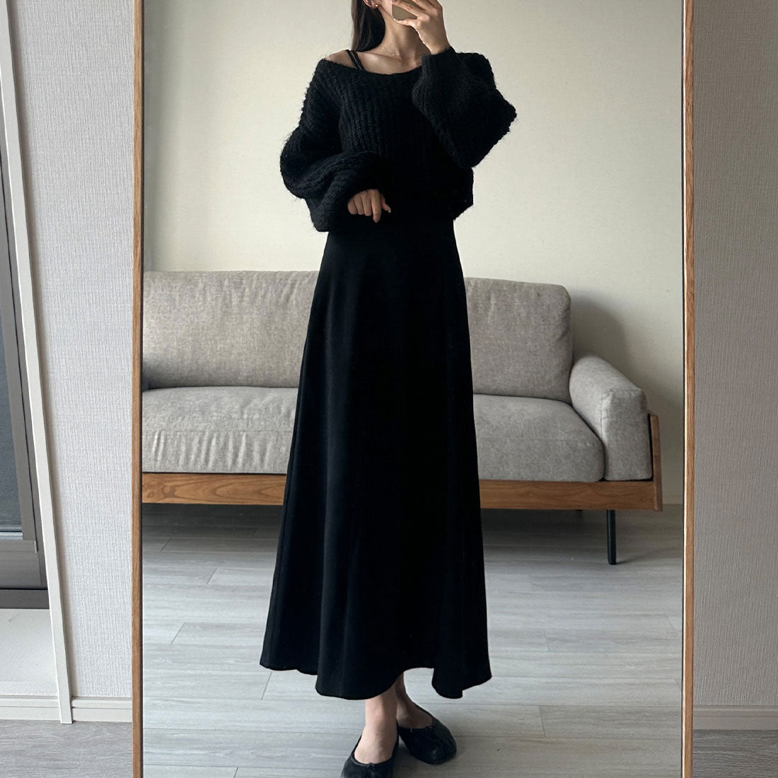 ルエレ Louere Louere ショートニットトップス＋フレアキャミワンピース,ブラック