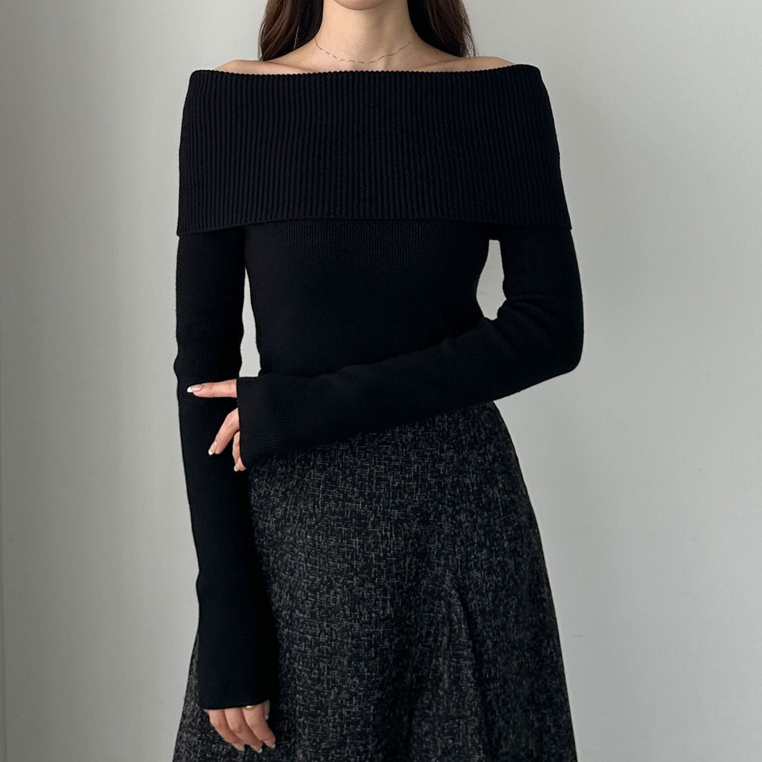 ルエレ Louere Louere ワイドオフショル長袖ニットトップス,ブラック