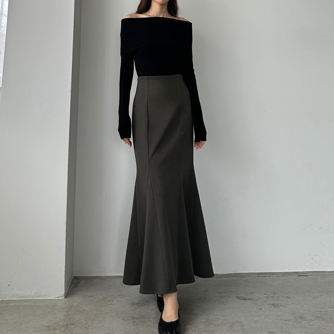 ルエレ Louere Louere 【選べる2素材 ヘリンボーン/もっちり生地】ハイウエストフレアマーメイドスカート （Bグレー） Bグレー