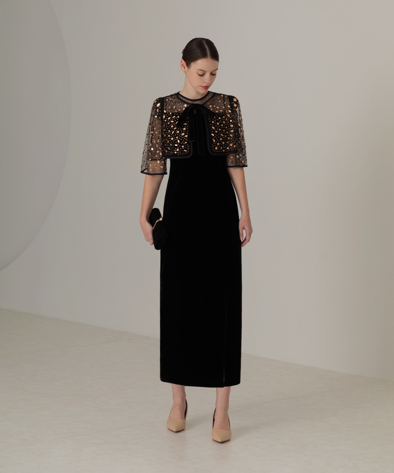 レジャ Leja ビジューストーンボレロベロアスリットIラインドレス