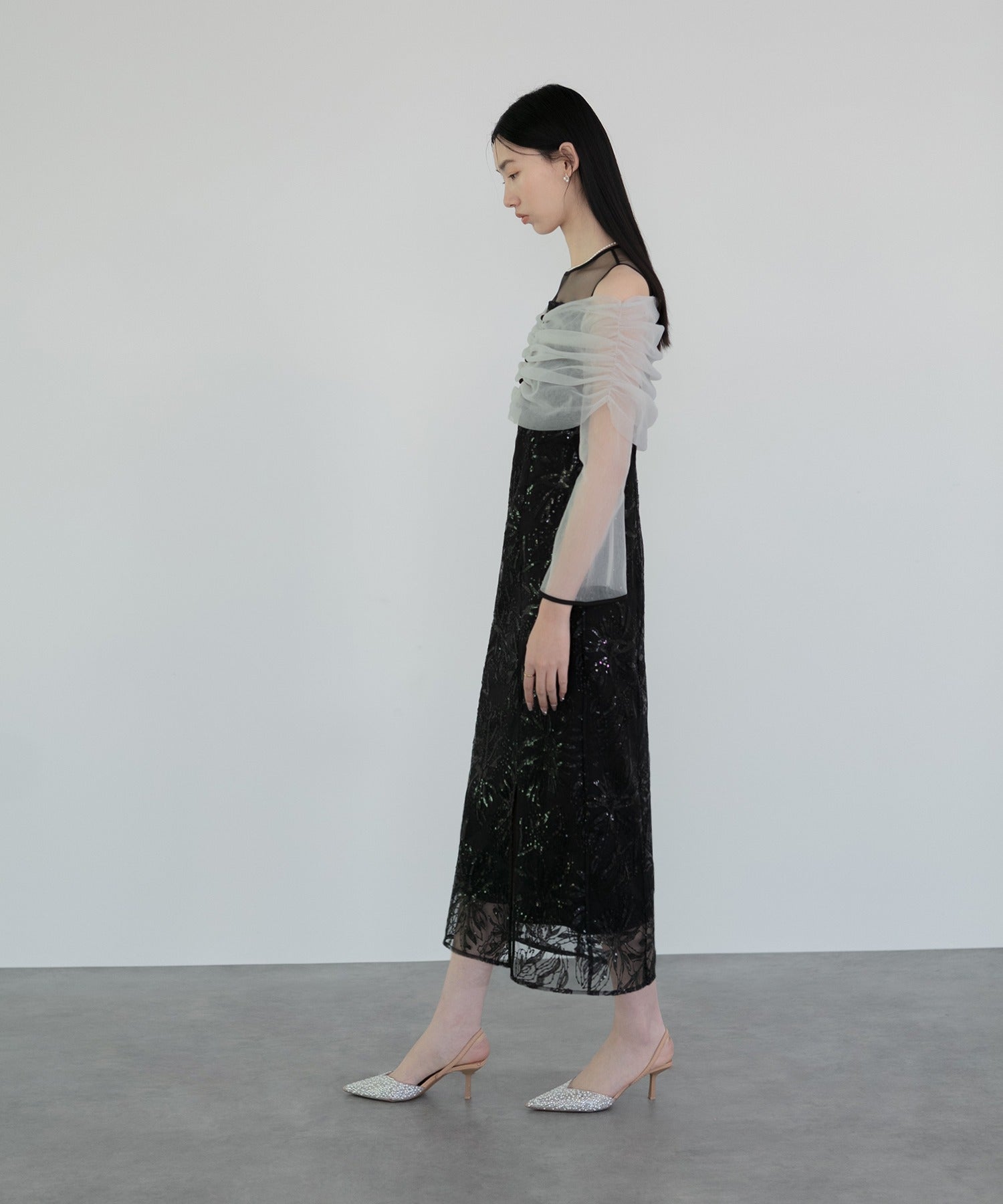 レジャ Leja チュールオフショルダー花柄Iラインドレスワンピース美脚効果結婚式 パーティードレス 成人式 20代 30代 40代 （BLACK） BLACK