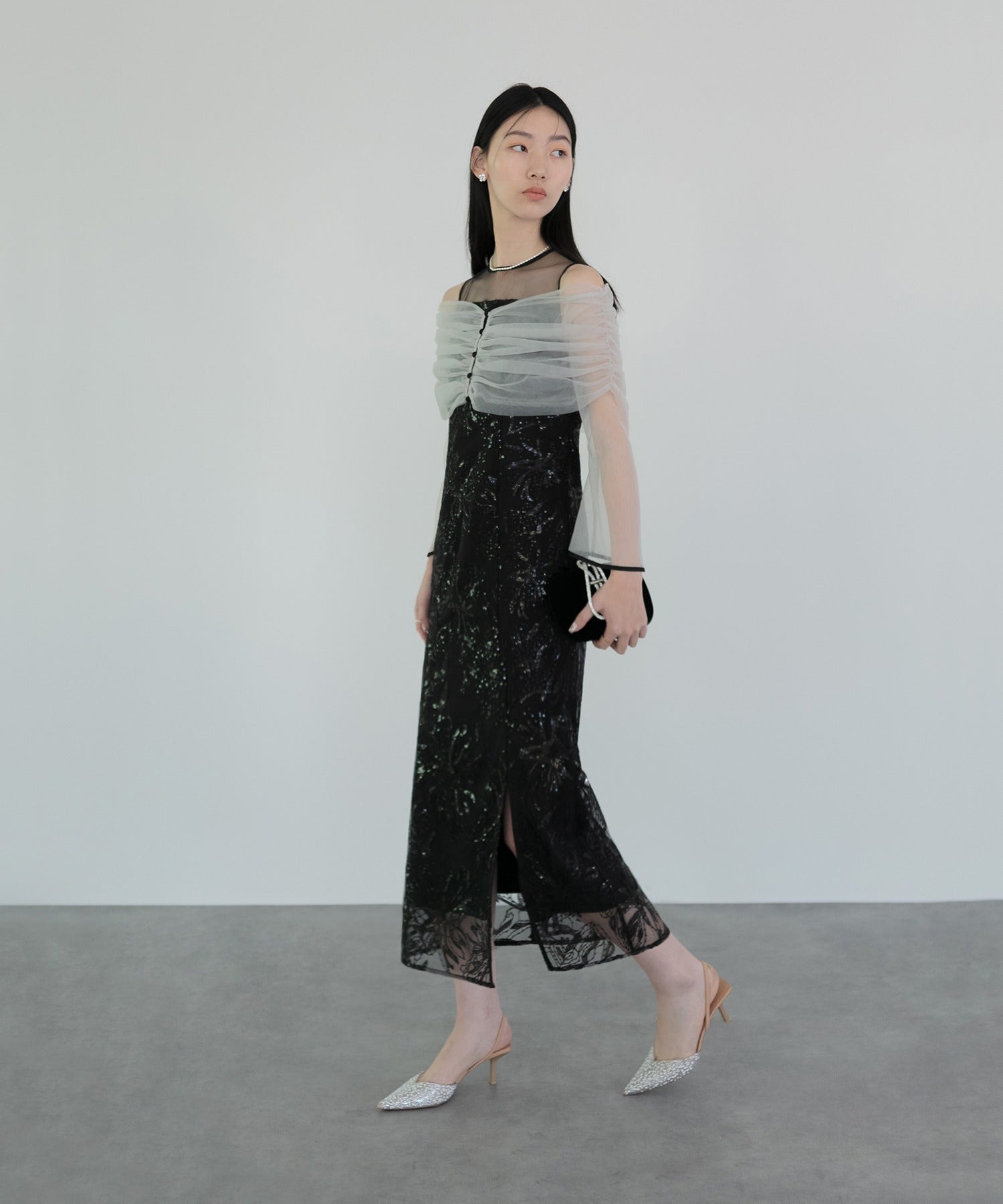 レジャ Leja チュールオフショルダー花柄Iラインドレスワンピース美脚効果結婚式 パーティードレス 成人式 20代 30代 40代 （BLACK） BLACK