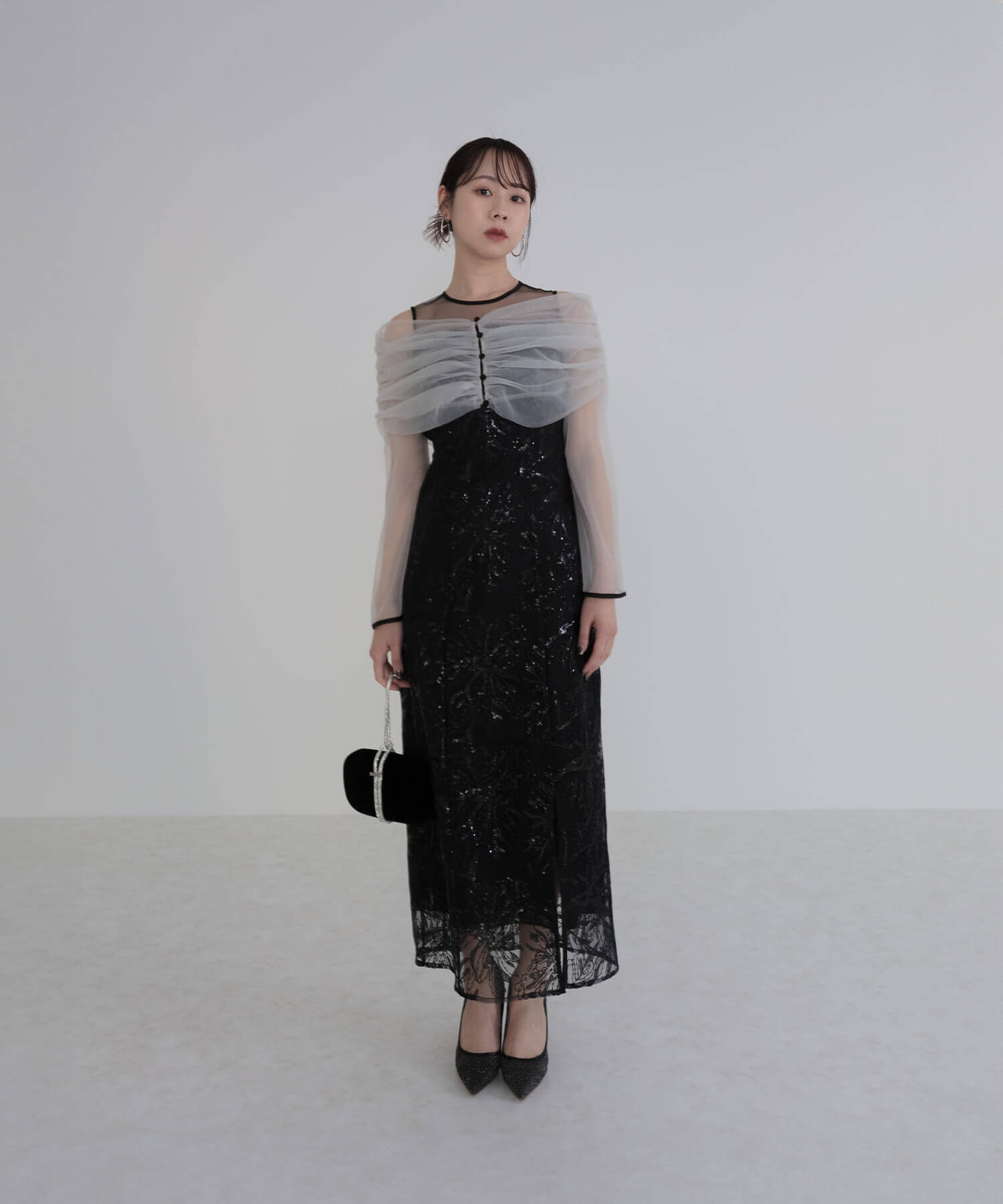 レジャ Leja チュールオフショルダー花柄Iラインドレスワンピース美脚効果結婚式 パーティードレス 成人式 20代 30代 40代 （BLACK） BLACK