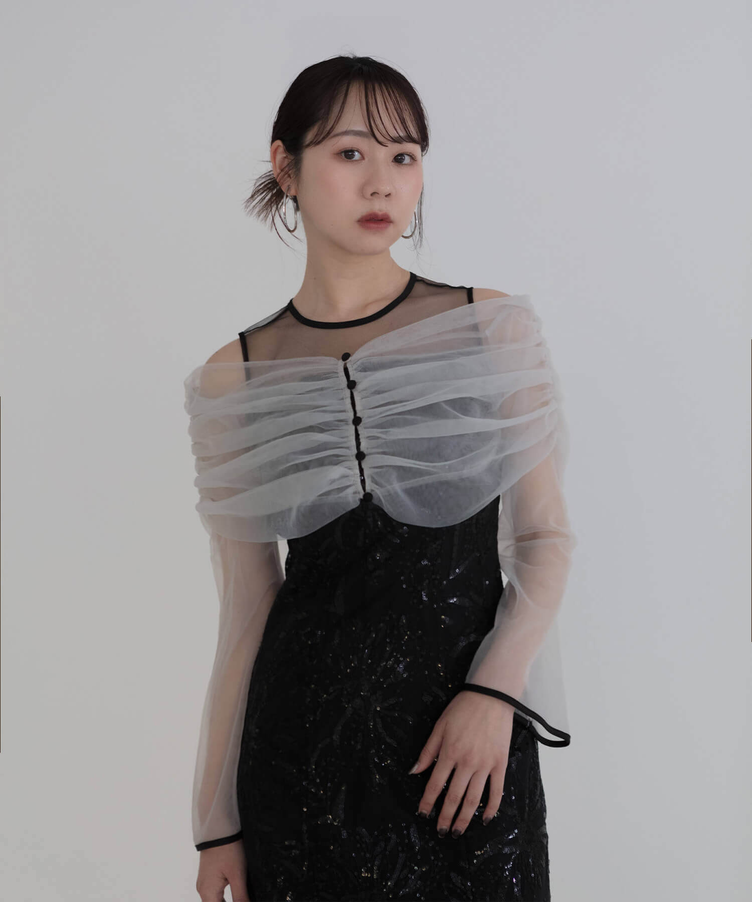 レジャ Leja チュールオフショルダー花柄Iラインドレスワンピース美脚効果結婚式 パーティードレス 成人式 20代 30代 40代 （BLACK） BLACK