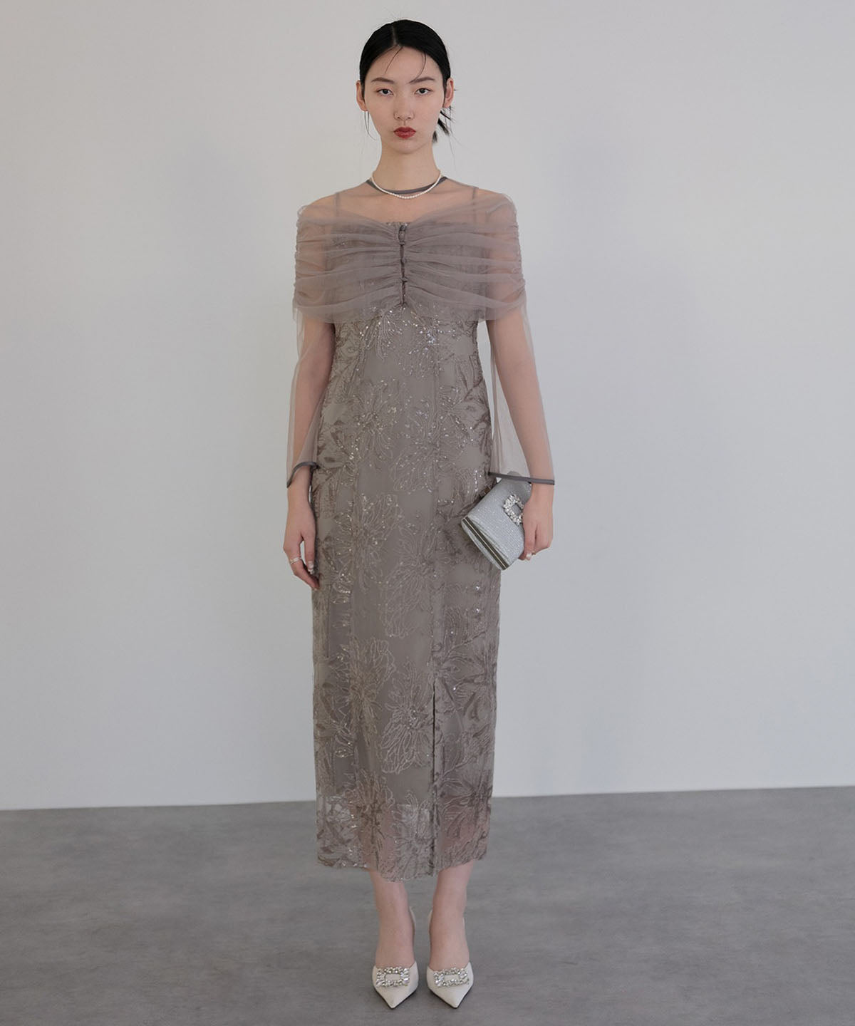 レジャ Leja チュールオフショルダー花柄Iラインドレスワンピース美脚効果結婚式 パーティードレス 成人式 20代 30代 40代 （GRAY） GRAY