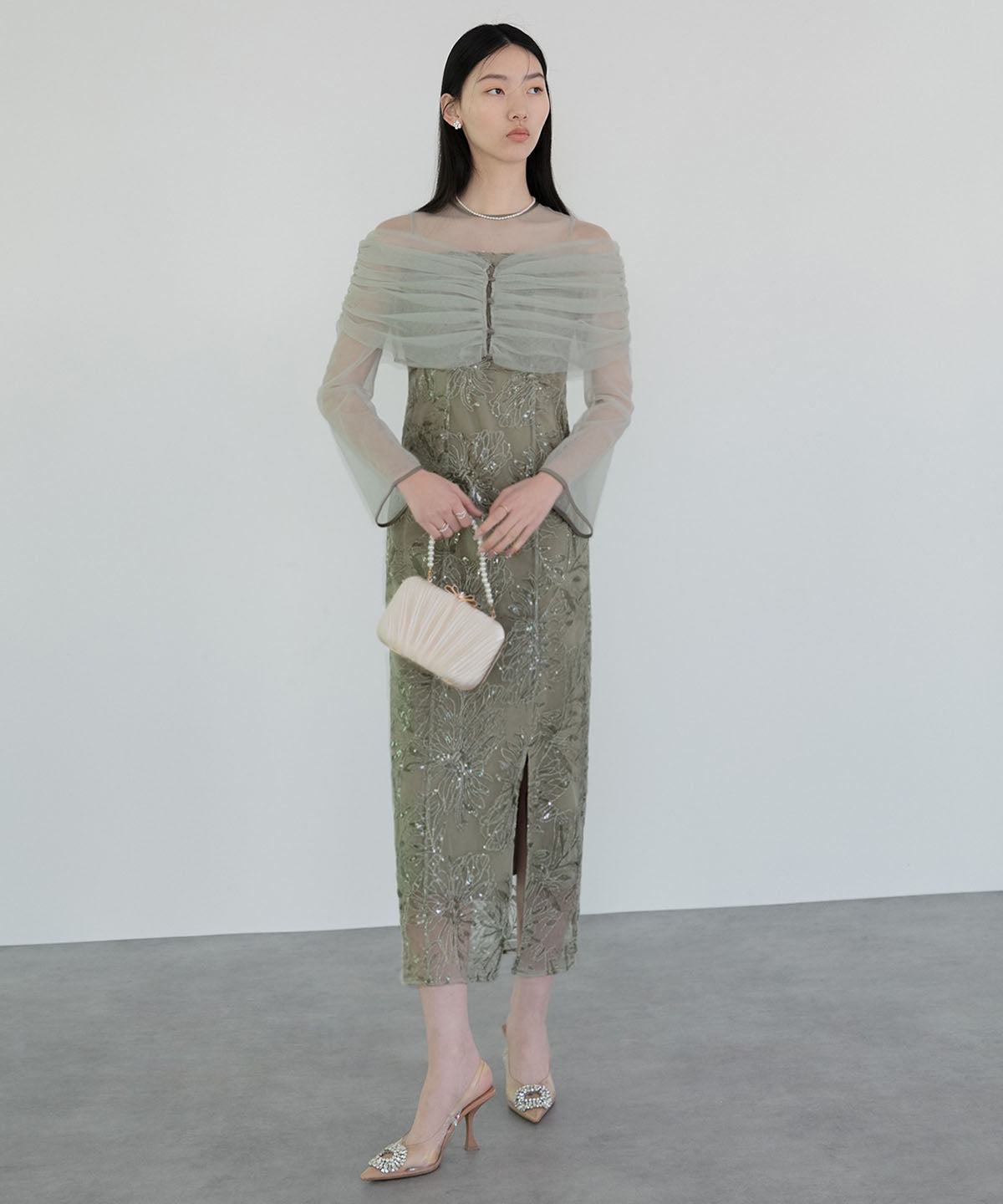レジャ Leja チュールオフショルダー花柄Iラインドレスワンピース美脚効果結婚式 パーティードレス 成人式 20代 30代 40代 （GREEN） GREEN