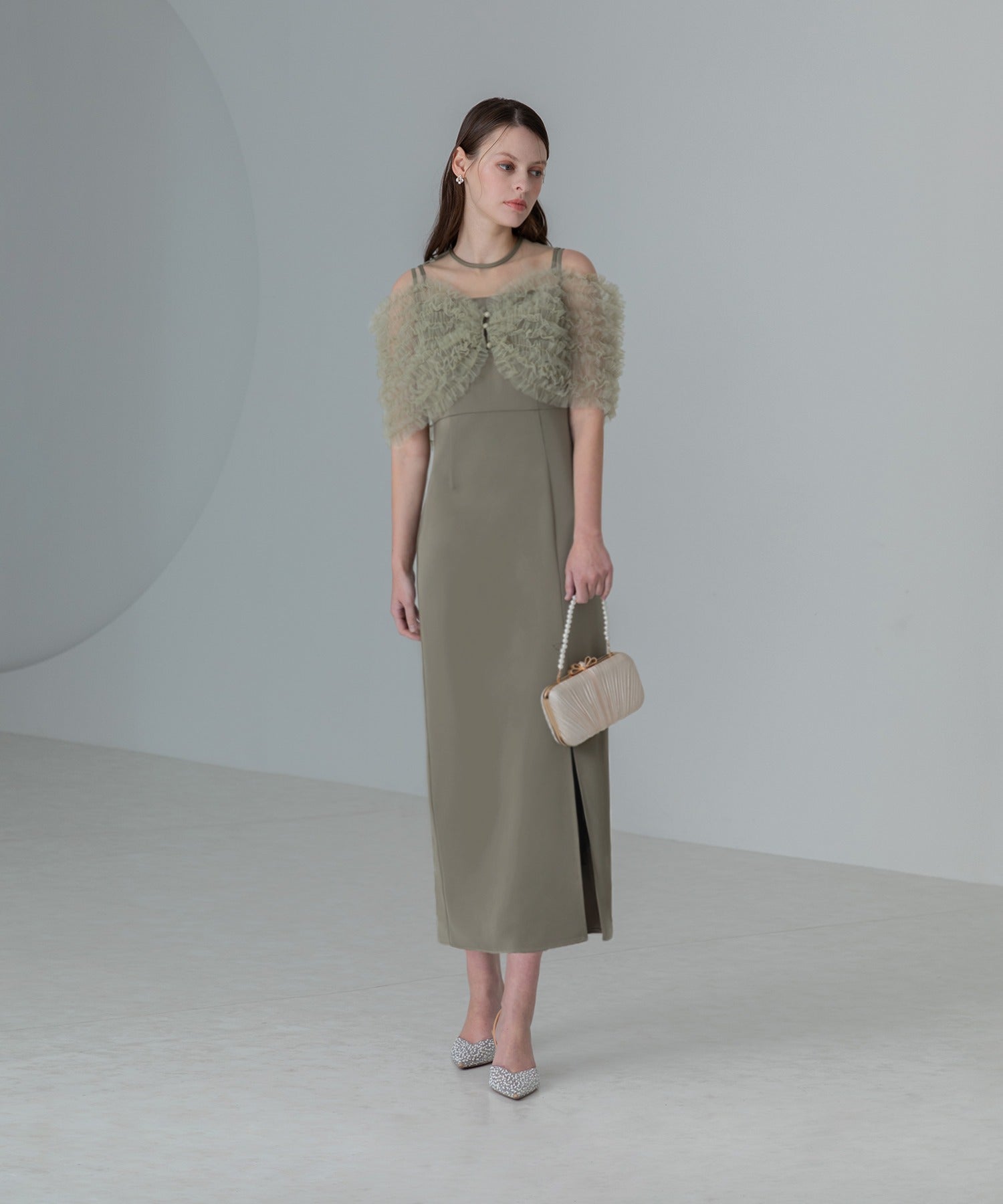 レジャ Leja 蕾絲荷葉邊背心I型連衣裙美腿效果婚禮 派對裙 成人式 20代 30代 40代