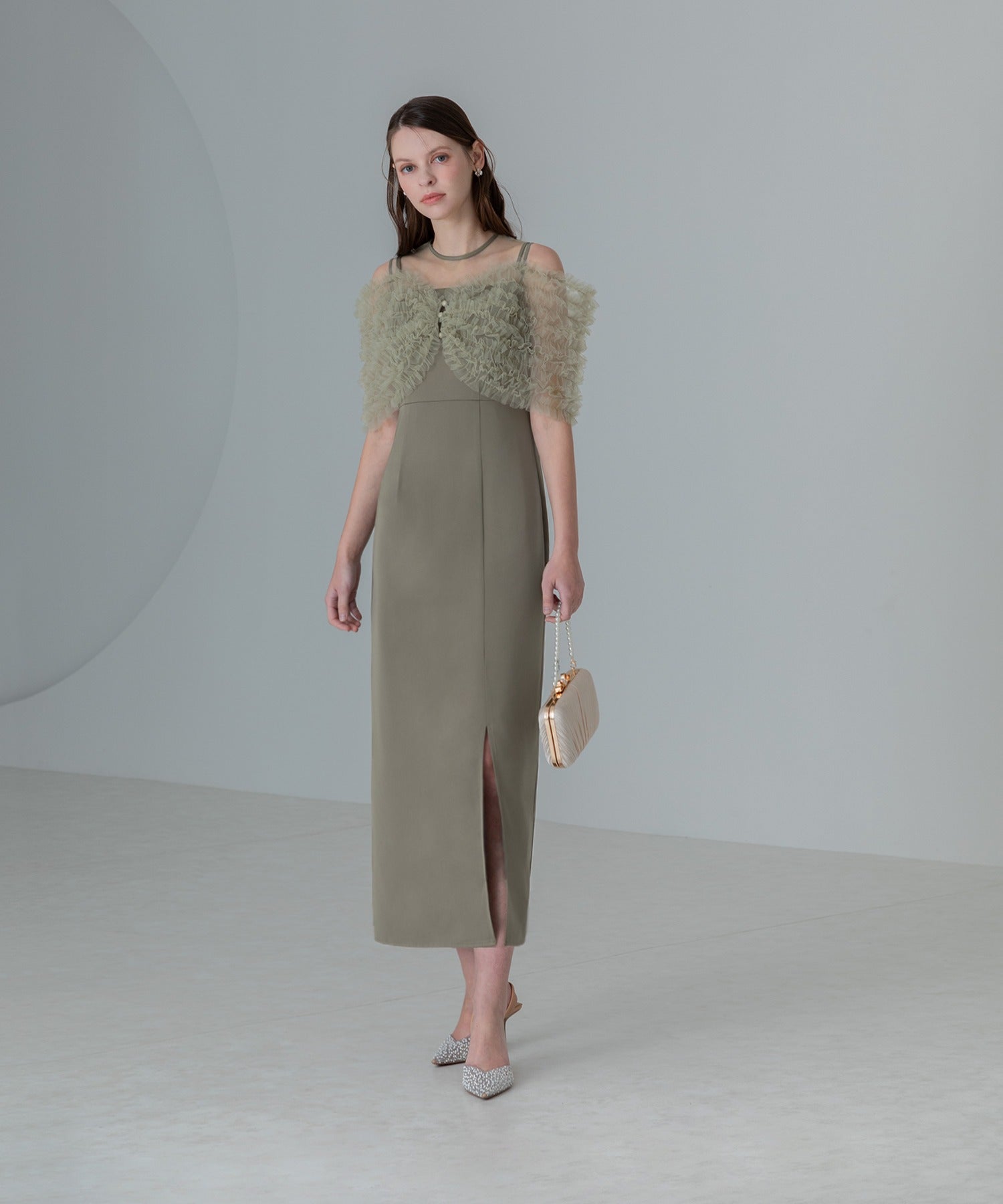 レジャ Leja 蕾絲荷葉邊背心I型連衣裙美腿效果婚禮 派對裙 成人式 20代 30代 40代