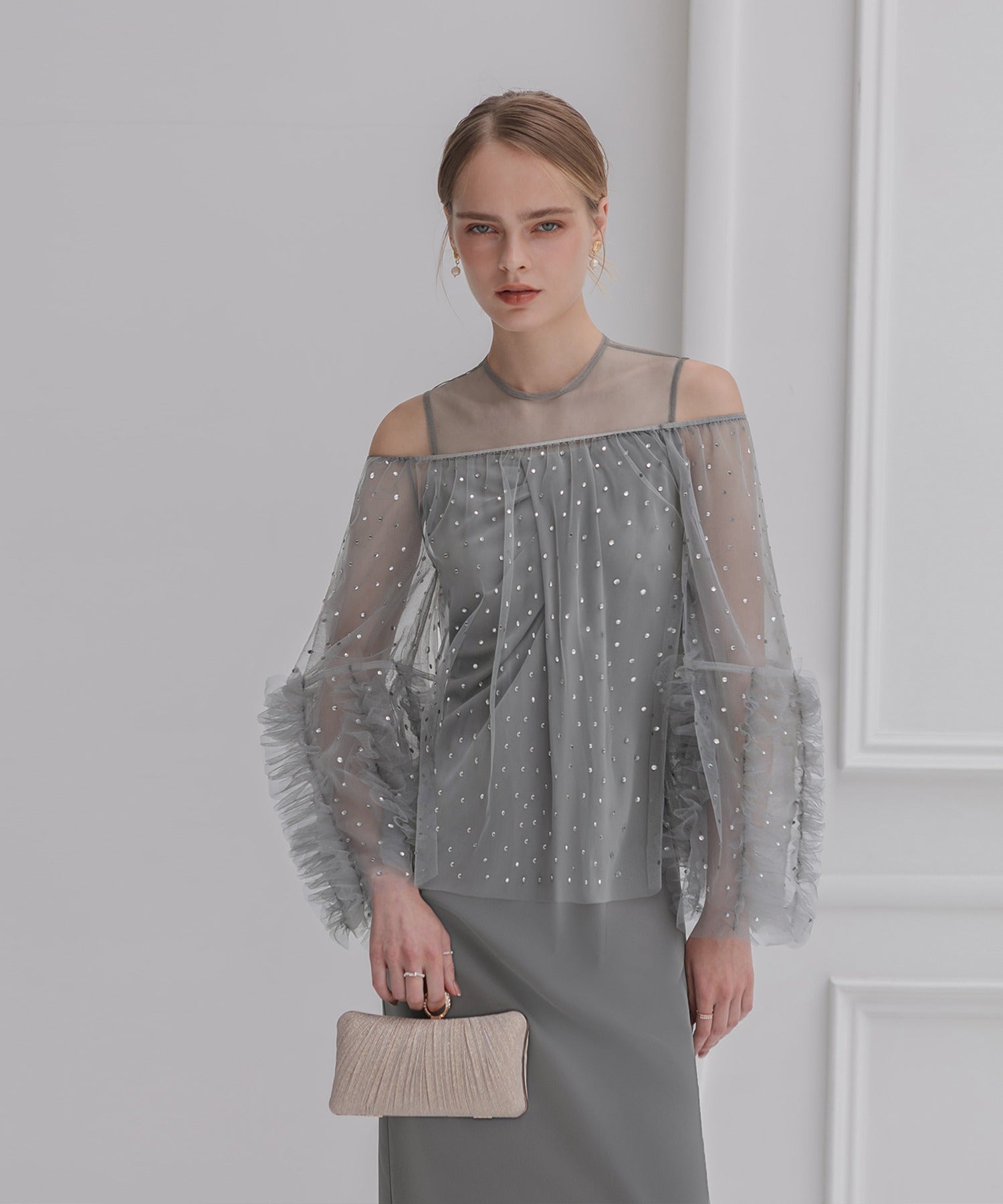 レジャ Leja ドットストーンオフショルIラインワンピースドレスワンピース2点セット美脚効果結婚式 パーティードレス 成人式 二次会 同窓会 お呼ばれ オケージョン 20代 30代 40代 （GRAY） GRAY