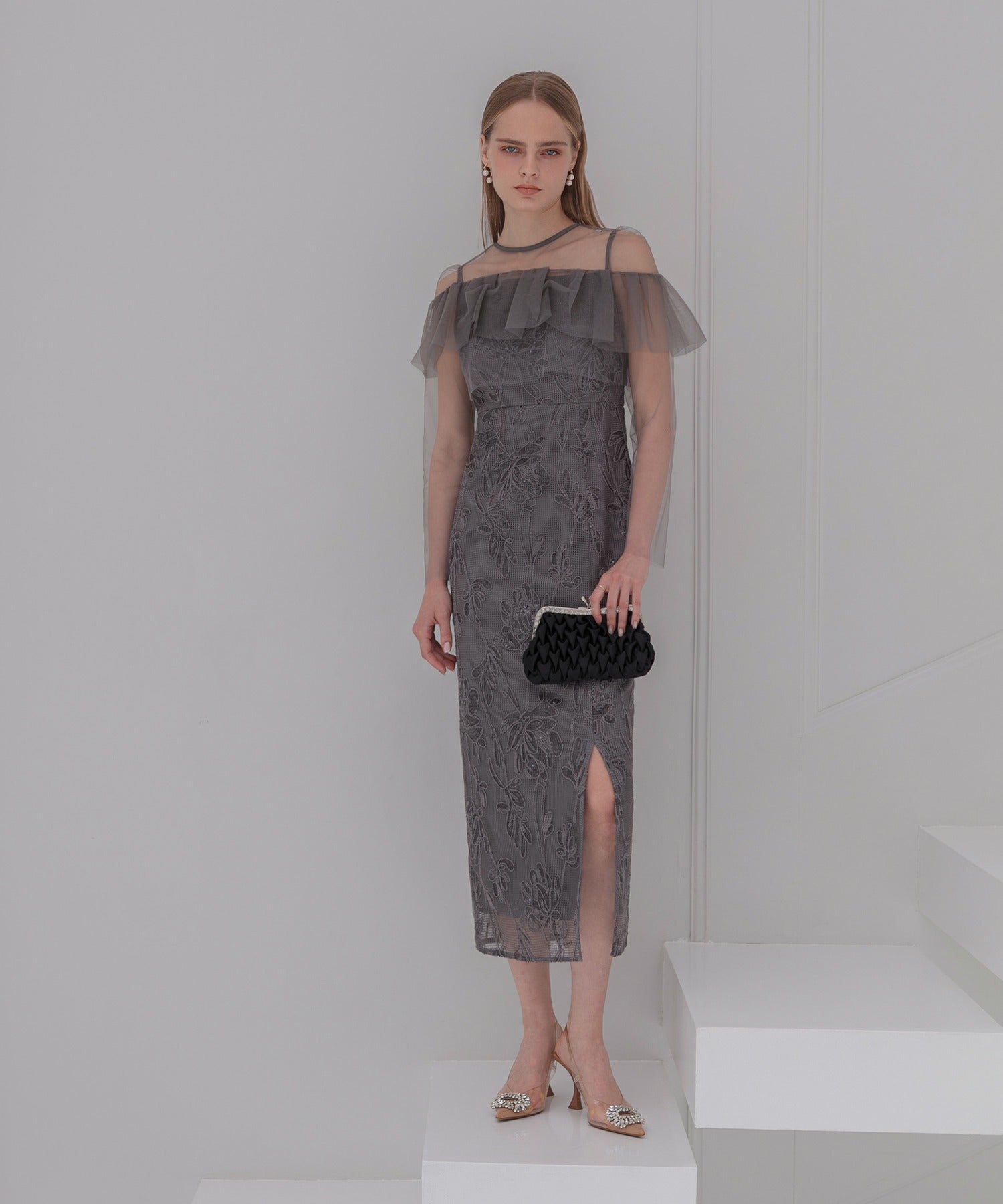 レジャ Leja 2WAYアシンメトリーフリルチュールフラワーIラインワンピースドレス2点セット美脚効果結婚式 パーティードレス 成人式 二次会 同窓会 お呼ばれ オケージョン 20代 30代 40代 （DARKGRAY） DARKGRAY