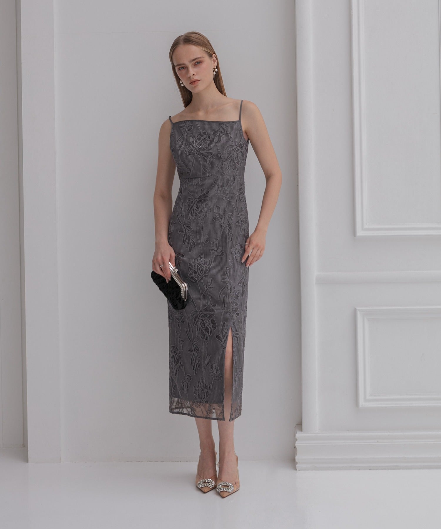 レジャ Leja 2WAYアシンメトリーフリルチュールフラワーIラインワンピースドレス2点セット美脚効果結婚式 パーティードレス 成人式 二次会 同窓会 お呼ばれ オケージョン 20代 30代 40代 （DARKGRAY） DARKGRAY