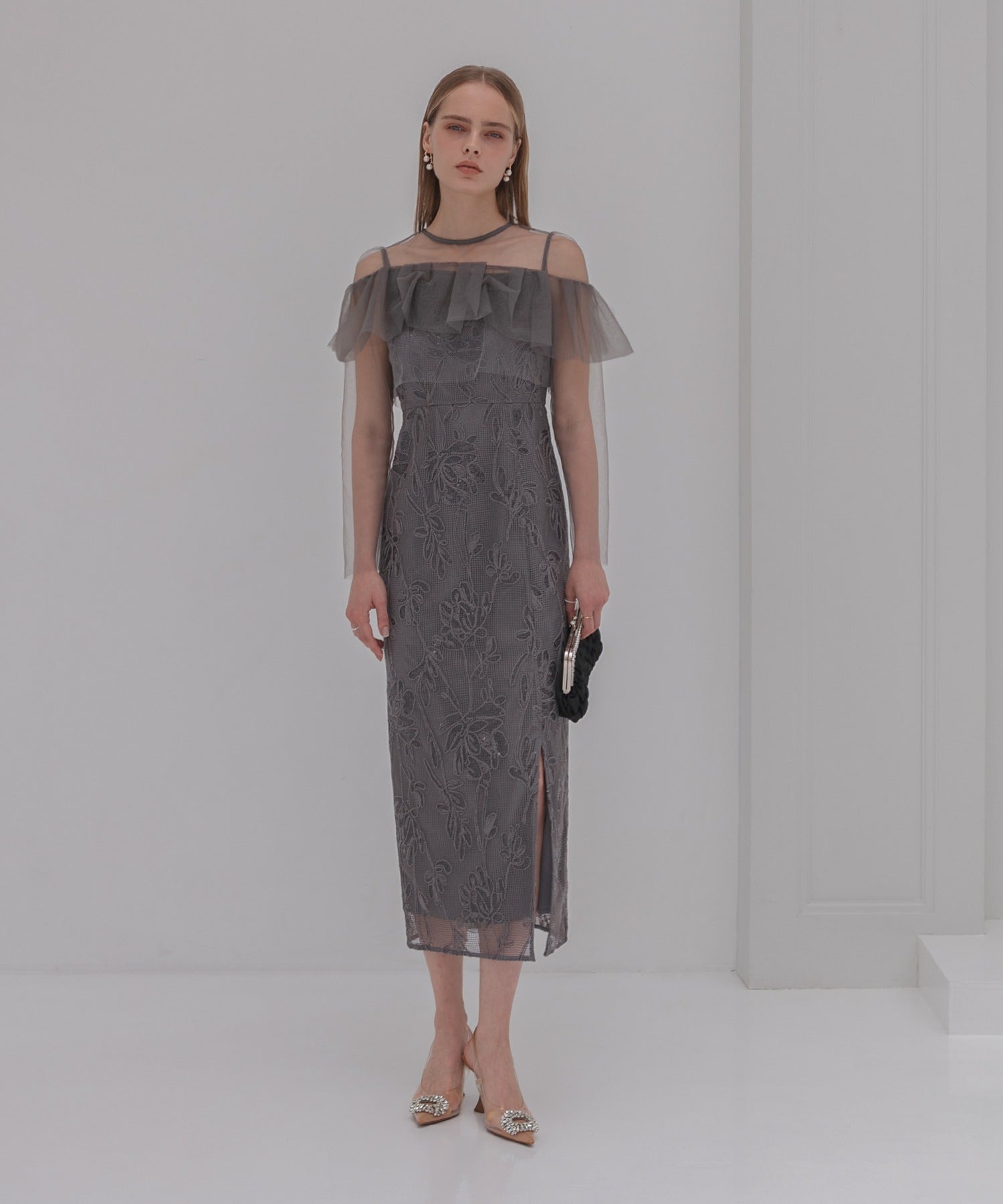 レジャ Leja 2WAYアシンメトリーフリルチュールフラワーIラインワンピースドレス2点セット美脚効果結婚式 パーティードレス 成人式 二次会 同窓会 お呼ばれ オケージョン 20代 30代 40代 （DARKGRAY） DARKGRAY