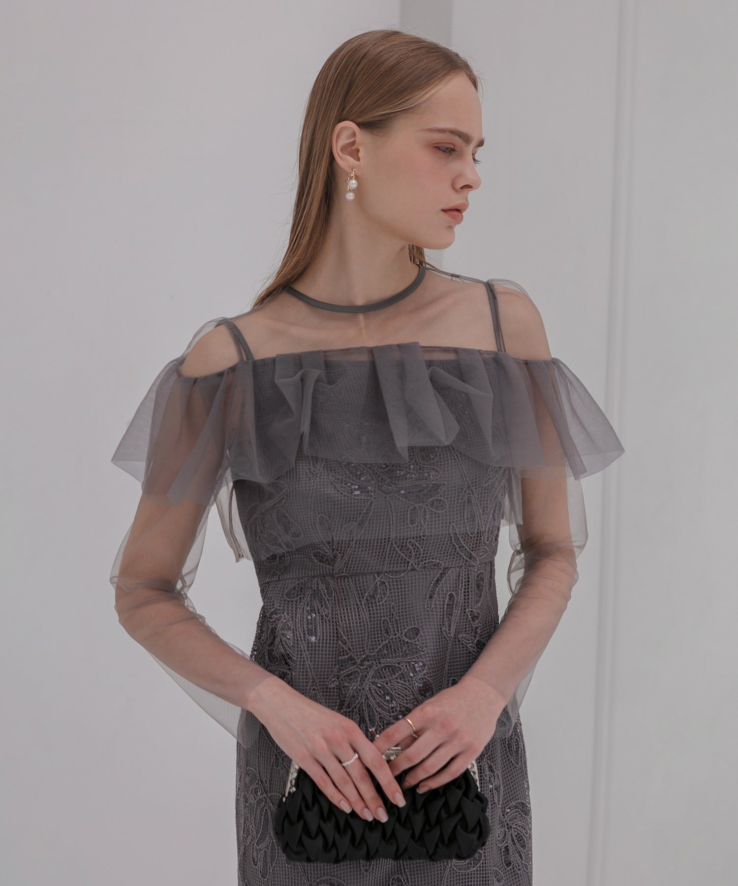 レジャ Leja 2WAYアシンメトリーフリルチュールフラワーIラインワンピースドレス2点セット美脚効果結婚式 パーティードレス 成人式 二次会 同窓会 お呼ばれ オケージョン 20代 30代 40代 （DARKGRAY） DARKGRAY