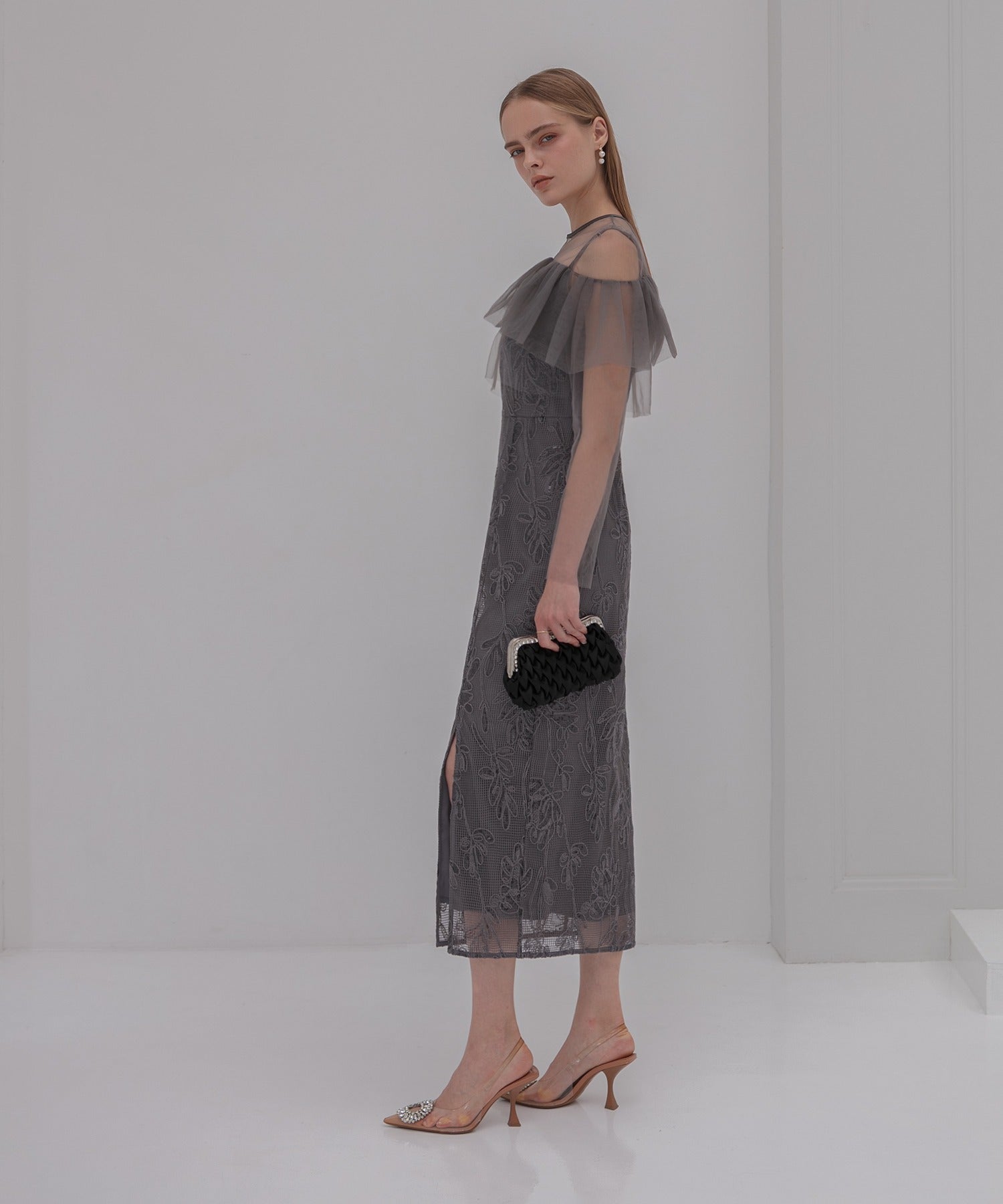 レジャ Leja 2WAYアシンメトリーフリルチュールフラワーIラインワンピースドレス2点セット美脚効果結婚式 パーティードレス 成人式 二次会 同窓会 お呼ばれ オケージョン 20代 30代 40代 （DARKGRAY） DARKGRAY