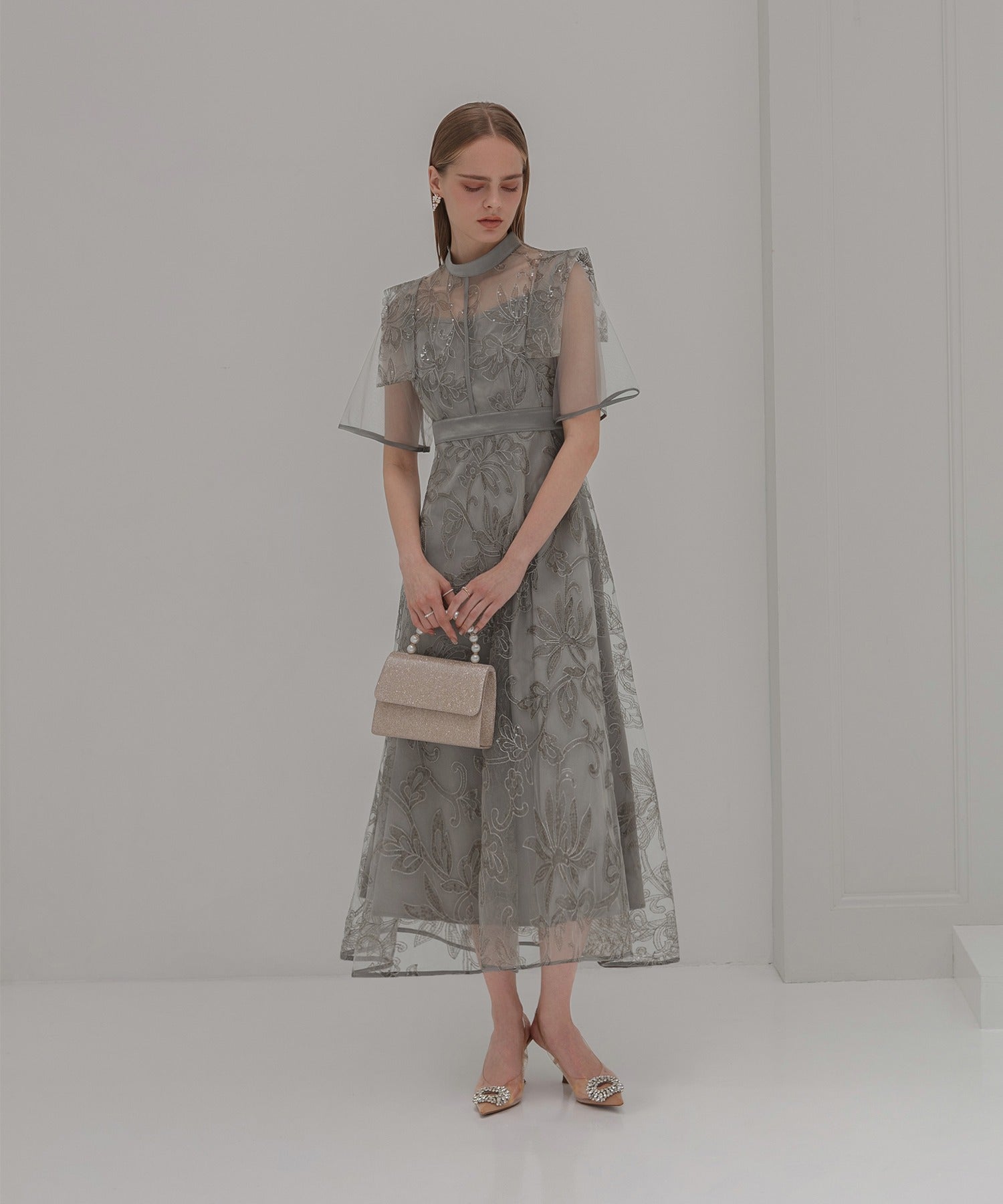 レジャ Leja フラップデザインフラワースパンコールAラインワンピースドレス美脚効果結婚式 パーティードレス 成人式 二次会 同窓会 お呼ばれ オケージョン 20代 30代 40代 （GRAY） GRAY