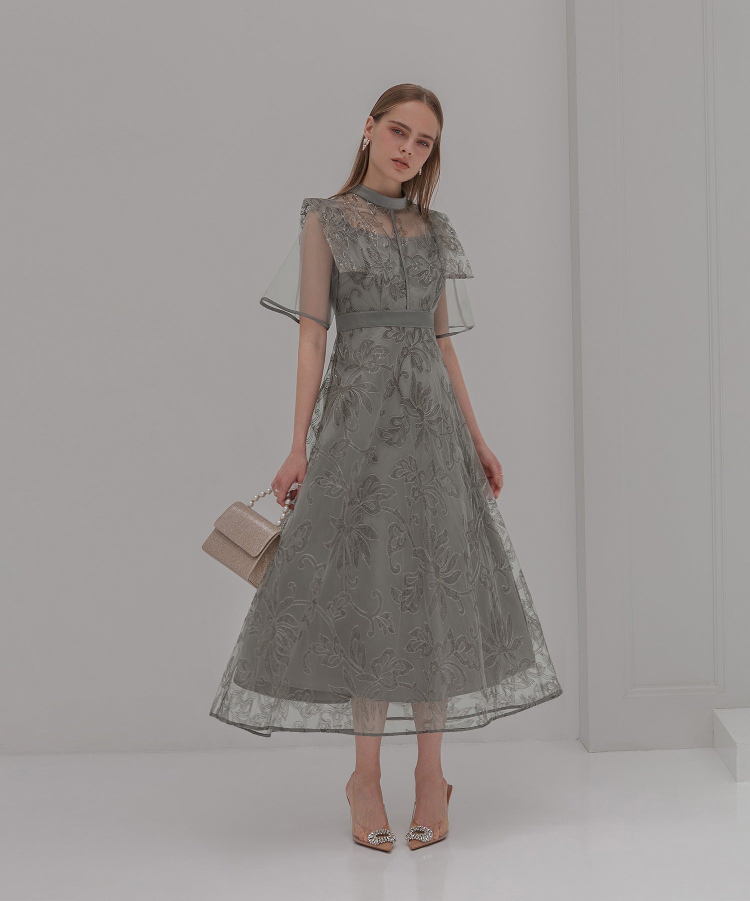 レジャ Leja フラップデザインフラワースパンコールAラインワンピースドレス美脚効果結婚式 パーティードレス 成人式 二次会 同窓会 お呼ばれ オケージョン 20代 30代 40代 （GRAY） GRAY