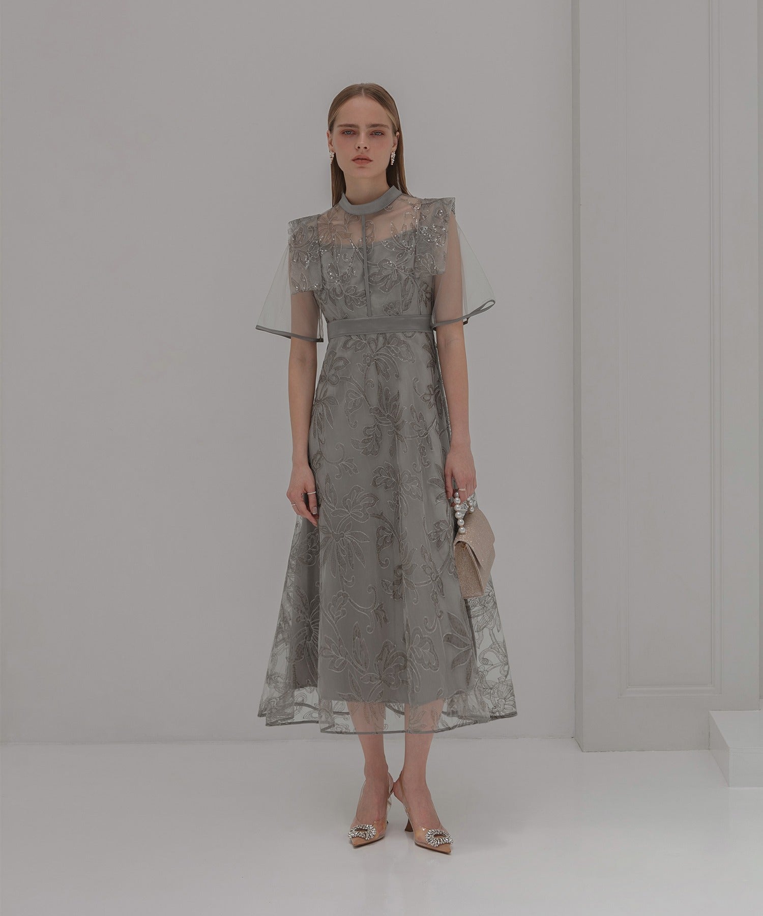レジャ Leja フラップデザインフラワースパンコールAラインワンピースドレス美脚効果結婚式 パーティードレス 成人式 二次会 同窓会 お呼ばれ オケージョン 20代 30代 40代 （GRAY） GRAY