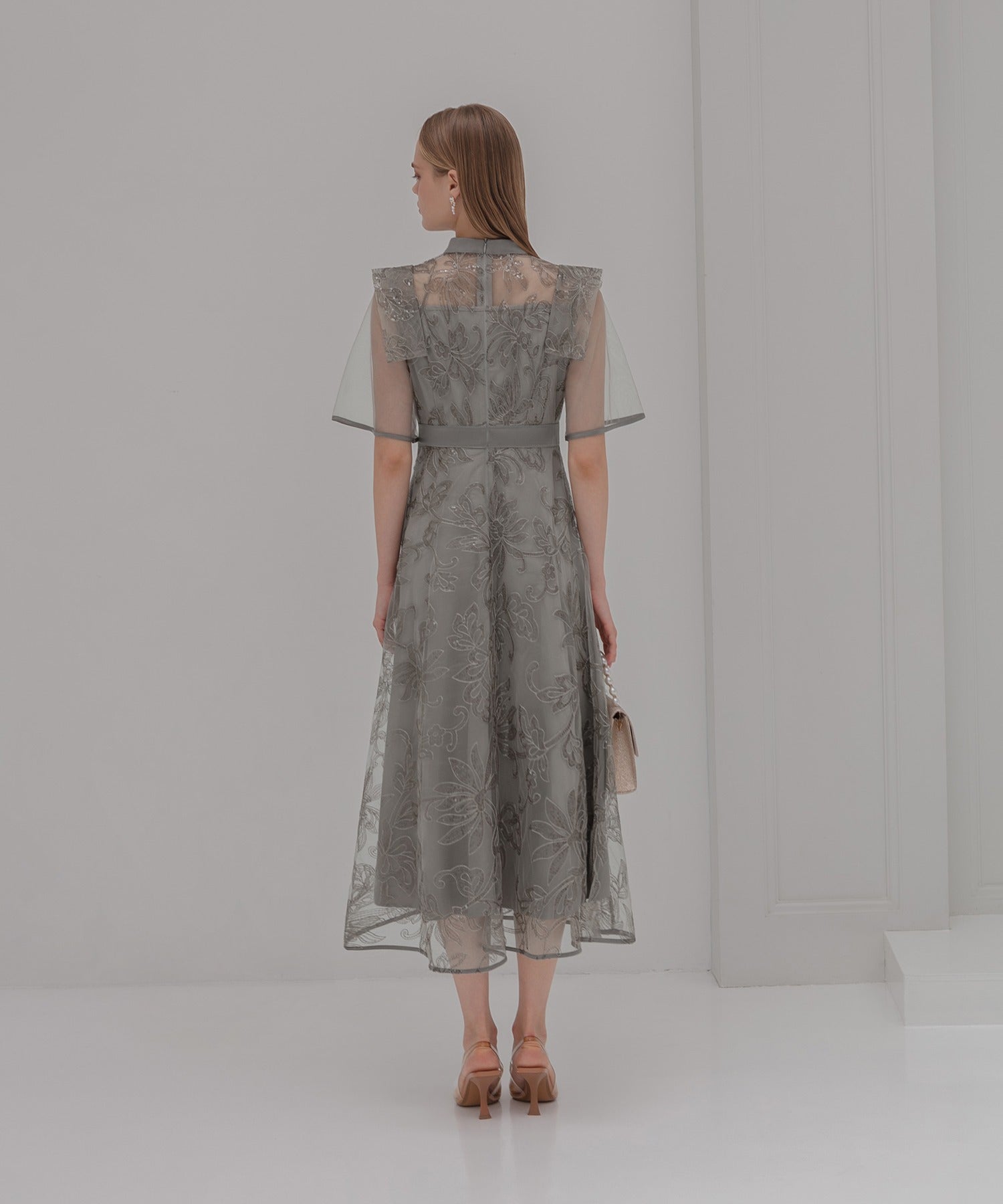 レジャ Leja フラップデザインフラワースパンコールAラインワンピースドレス美脚効果結婚式 パーティードレス 成人式 二次会 同窓会 お呼ばれ オケージョン 20代 30代 40代 （GRAY） GRAY