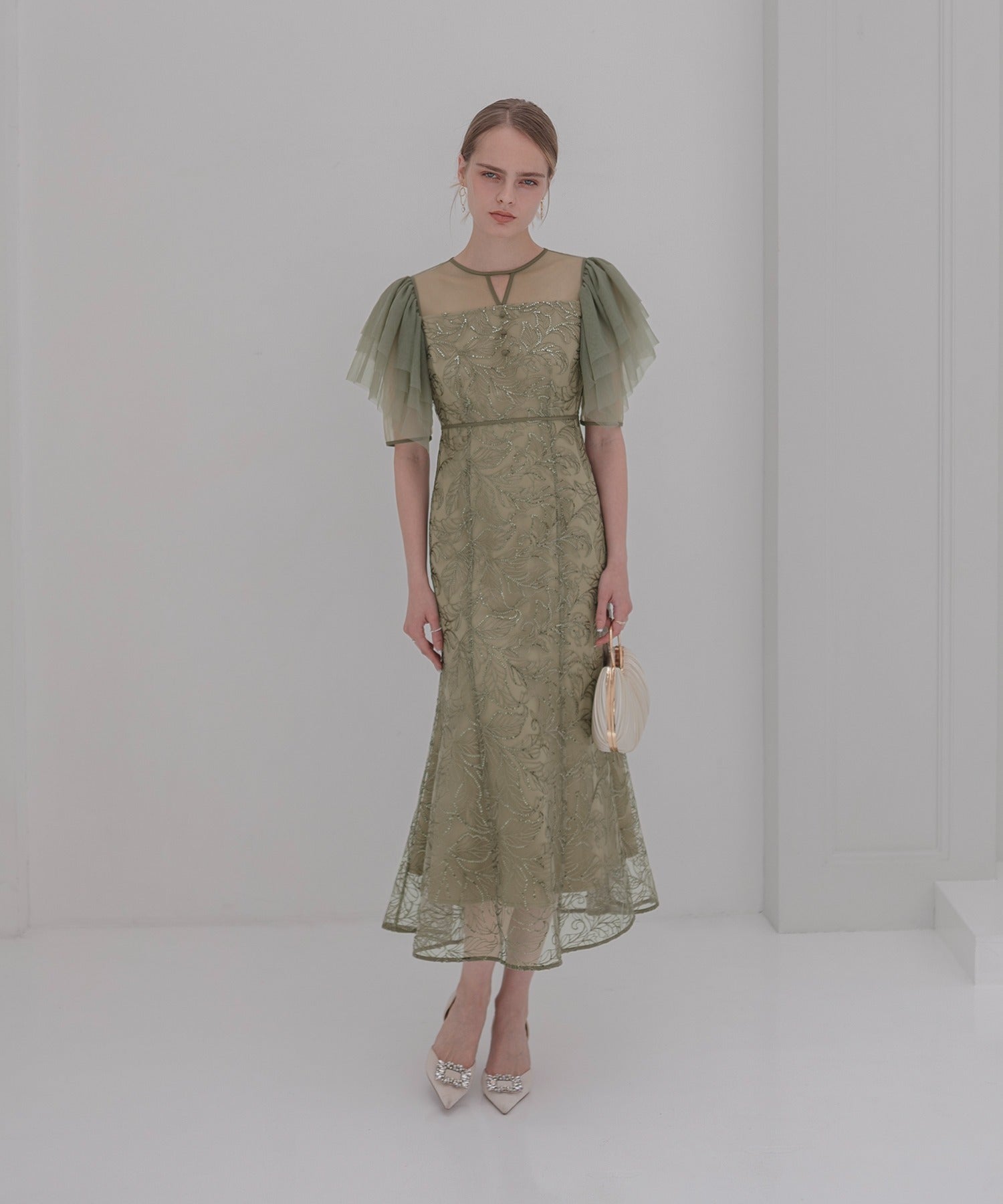 レジャ Leja チュールスリーブボタニカルマーメイドワンピースドレス美脚効果結婚式 パーティードレス 成人式 二次会 同窓会 お呼ばれ オケージョン 20代 30代 40代 （GREEN） GREEN