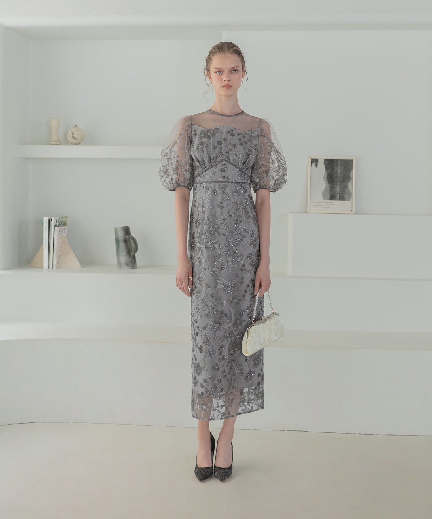 レジャ Leja フラワーディテールパフスリーブIラインワンピースドレス美脚効果結婚式 パーティードレス 成人式 二次会 同窓会 お呼ばれ オケージョン 20代 30代 40代 （GRAY） GRAY
