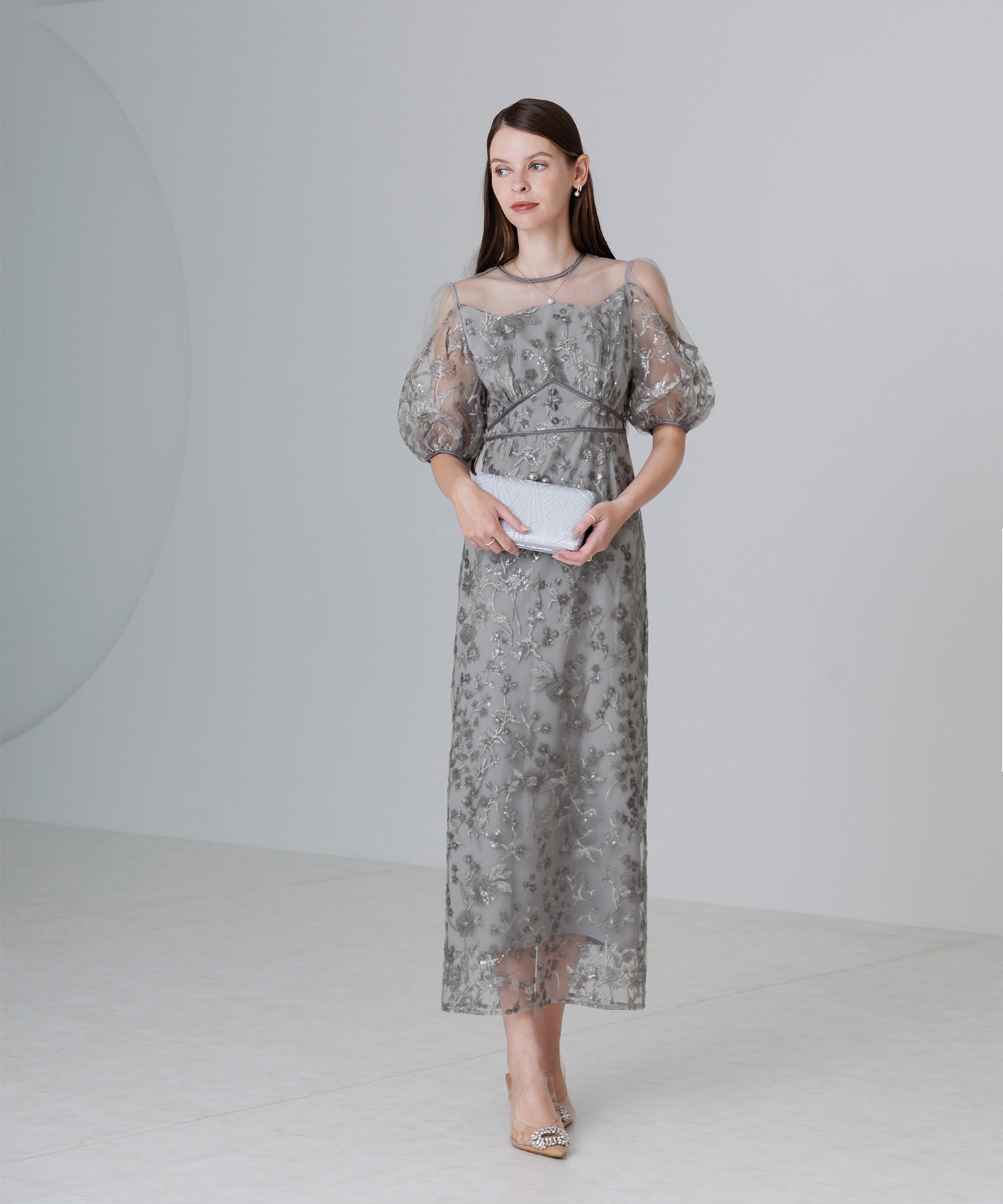 レジャ Leja フラワーディテールパフスリーブIラインワンピースドレス美脚効果結婚式 パーティードレス 成人式 二次会 同窓会 お呼ばれ オケージョン 20代 30代 40代 （GRAY） GRAY
