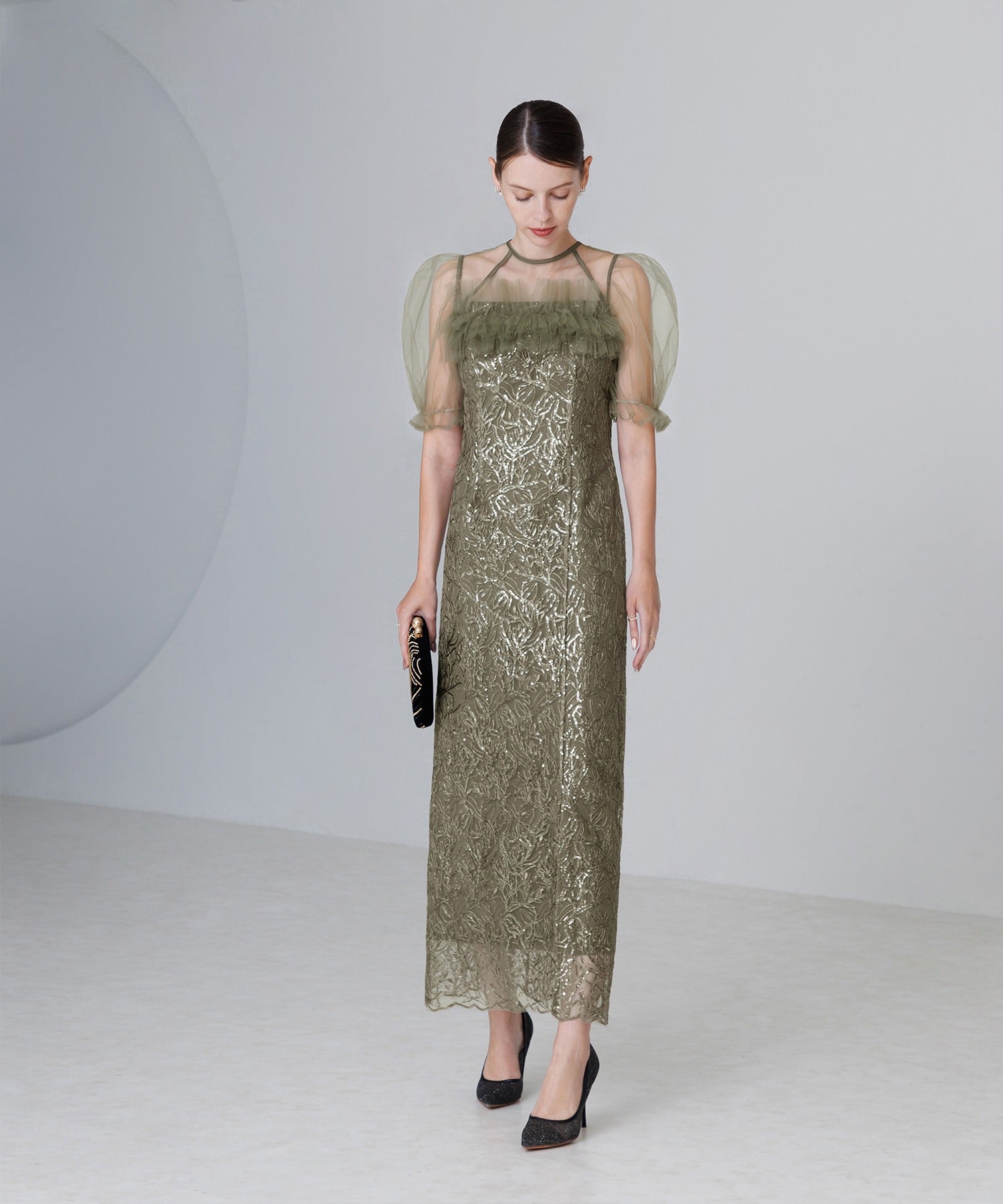 レジャ Leja チュールフラワースパンコールIラインワンピースドレス美脚効果結婚式 パーティードレス 成人式 二次会 同窓会 お呼ばれ オケージョン 20代 30代 40代 （GREEN） GREEN