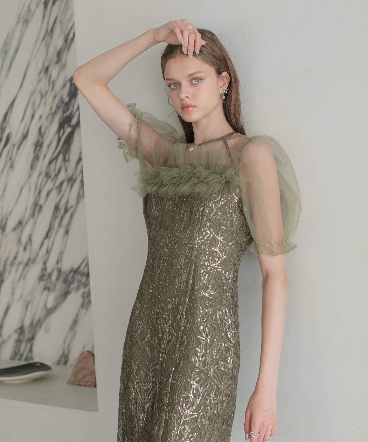 レジャ Leja チュールフラワースパンコールIラインワンピースドレス美脚効果結婚式 パーティードレス 成人式 二次会 同窓会 お呼ばれ オケージョン 20代 30代 40代 （GREEN） GREEN