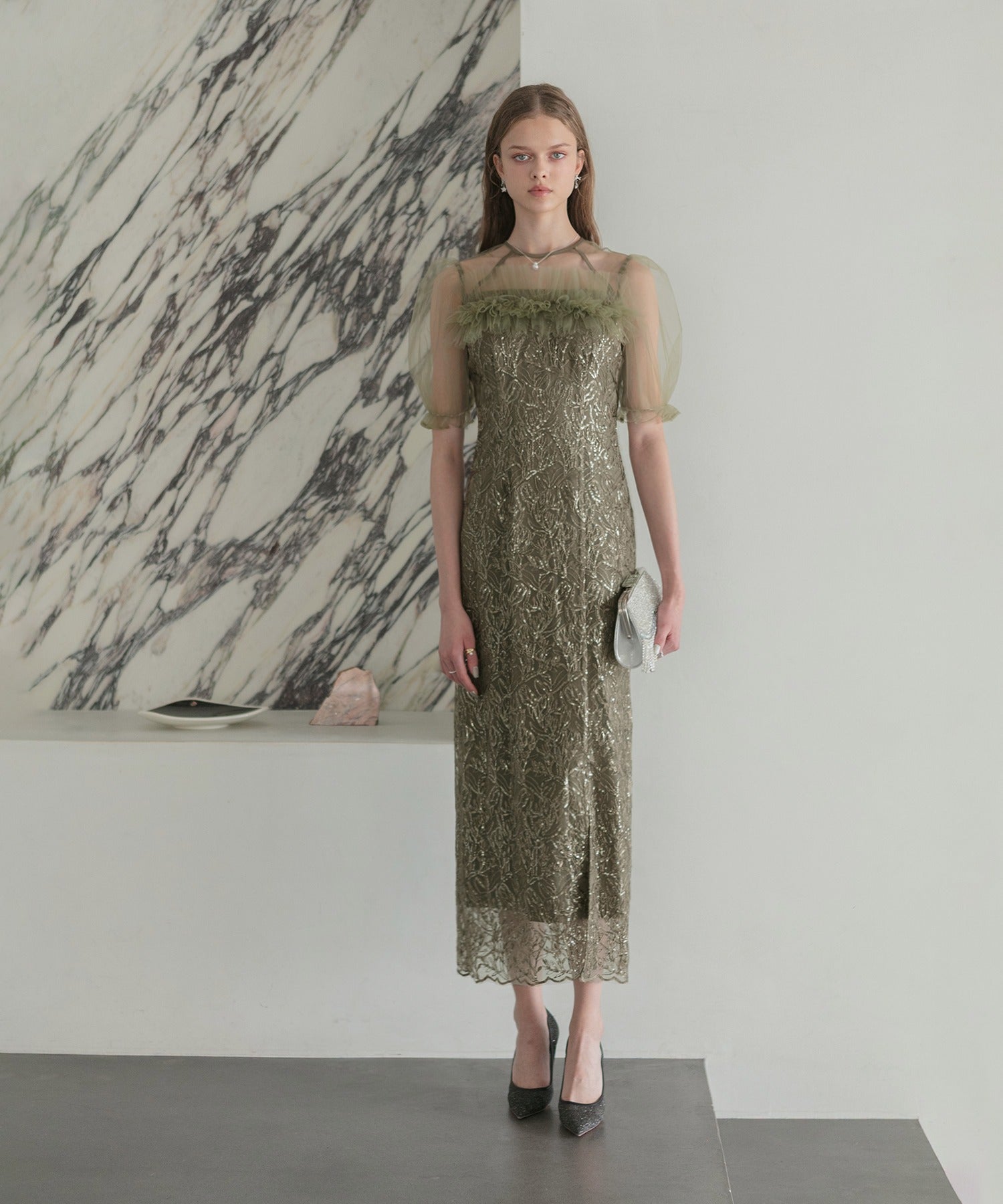 レジャ Leja チュールフラワースパンコールIラインワンピースドレス美脚効果結婚式 パーティードレス 成人式 二次会 同窓会 お呼ばれ オケージョン 20代 30代 40代 （GREEN） GREEN