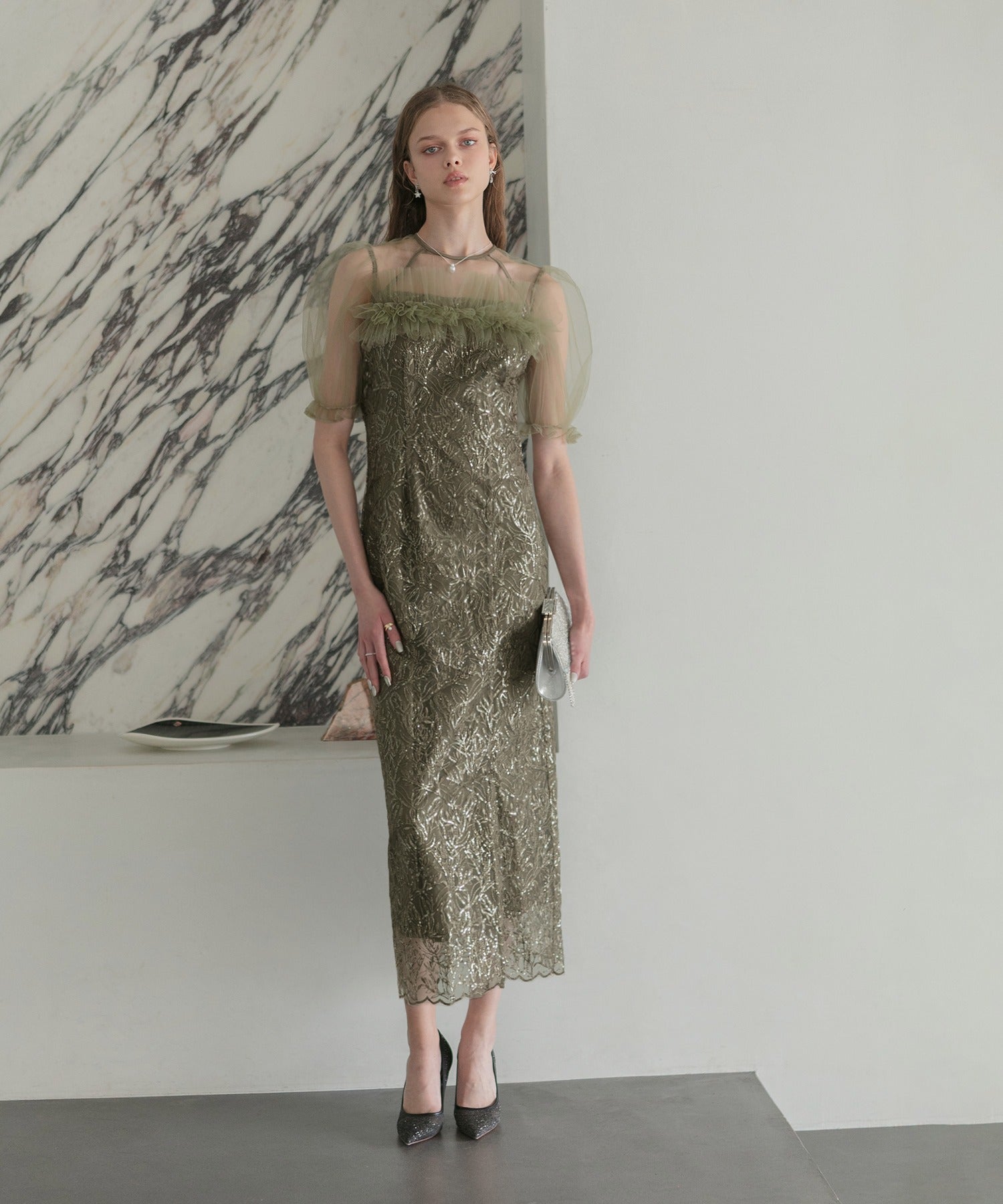 レジャ Leja チュールフラワースパンコールIラインワンピースドレス美脚効果結婚式 パーティードレス 成人式 二次会 同窓会 お呼ばれ オケージョン 20代 30代 40代 （GREEN） GREEN