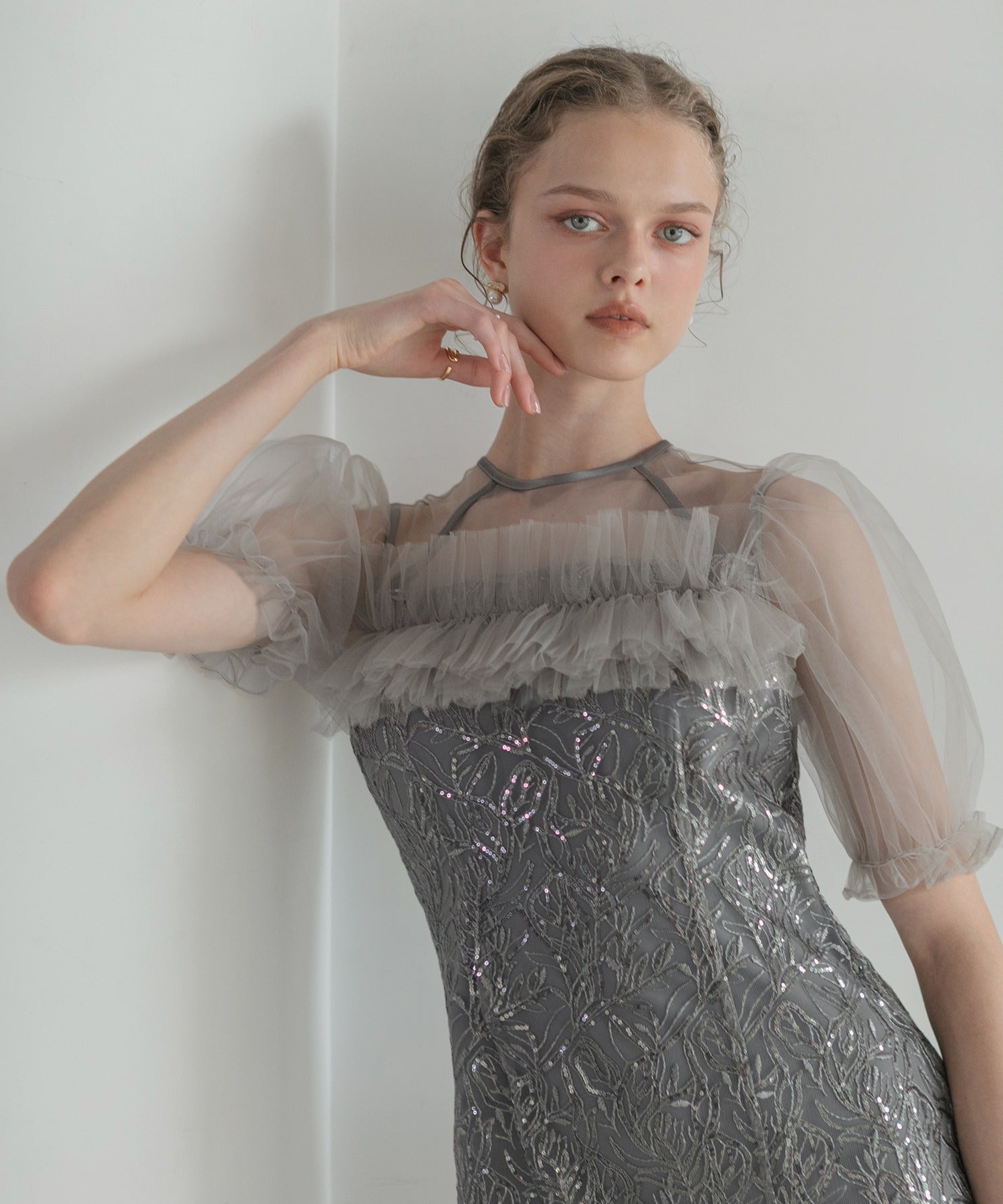 レジャ Leja チュールフラワースパンコールIラインワンピースドレス美脚効果結婚式 パーティードレス 成人式 二次会 同窓会 お呼ばれ オケージョン 20代 30代 40代 （GRAY） GRAY