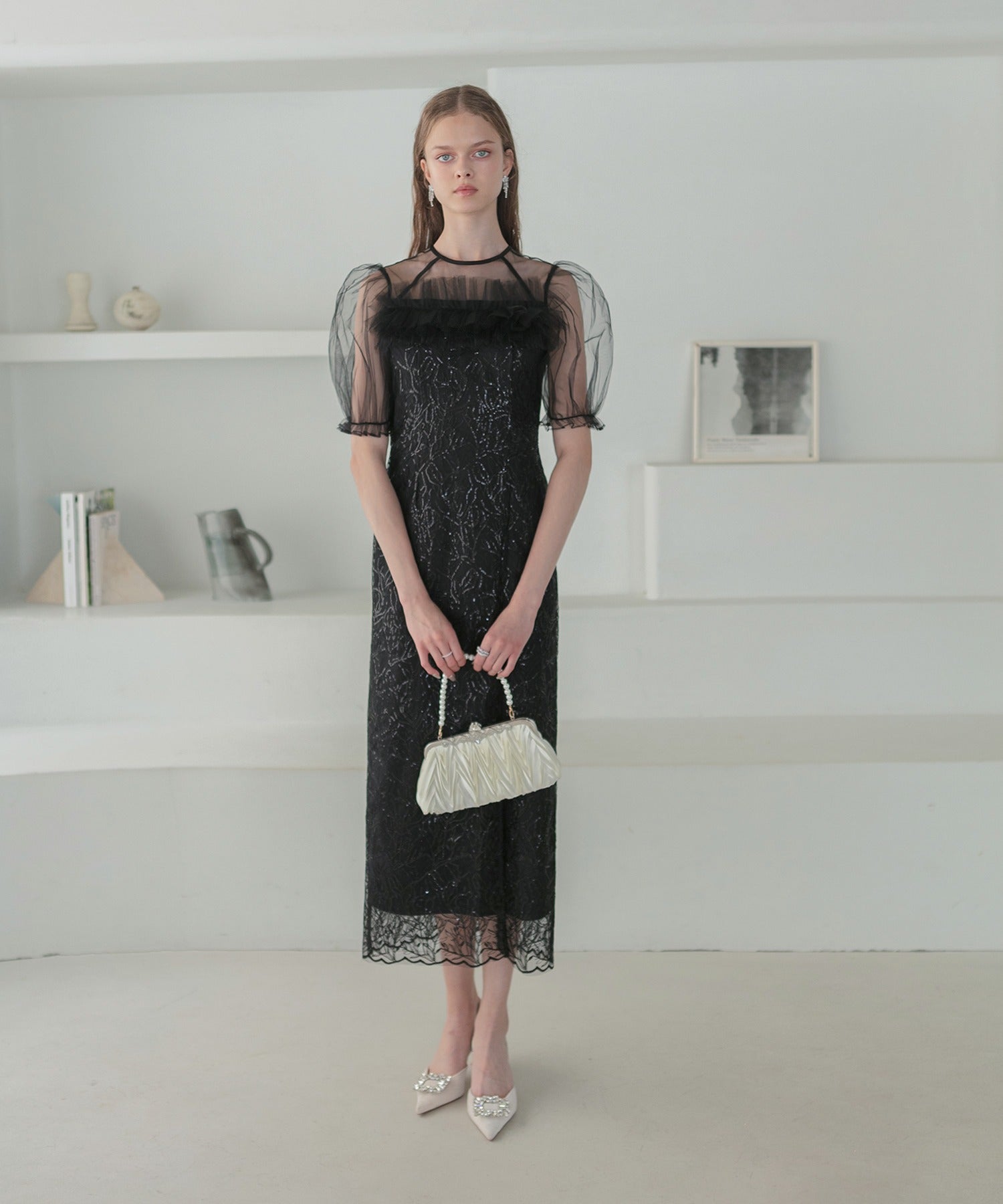 レジャ Leja チュールフラワースパンコールIラインワンピースドレス美脚効果結婚式 パーティードレス 成人式 二次会 同窓会 お呼ばれ オケージョン 20代 30代 40代 （BLACK） BLACK