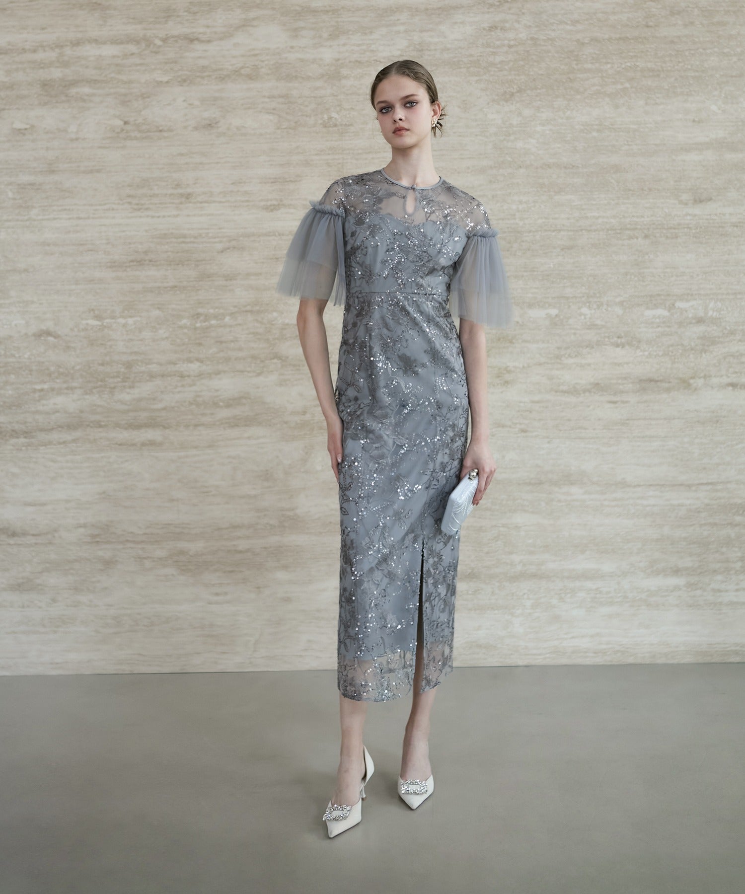 レジャ Leja フラワースパンコールチュールスリーブIラインドレスワンピース美脚効果結婚式 パーティードレス 成人式 二次会 同窓会 お呼ばれ オケージョン 20代 30代 40代 （GRAY） GRAY