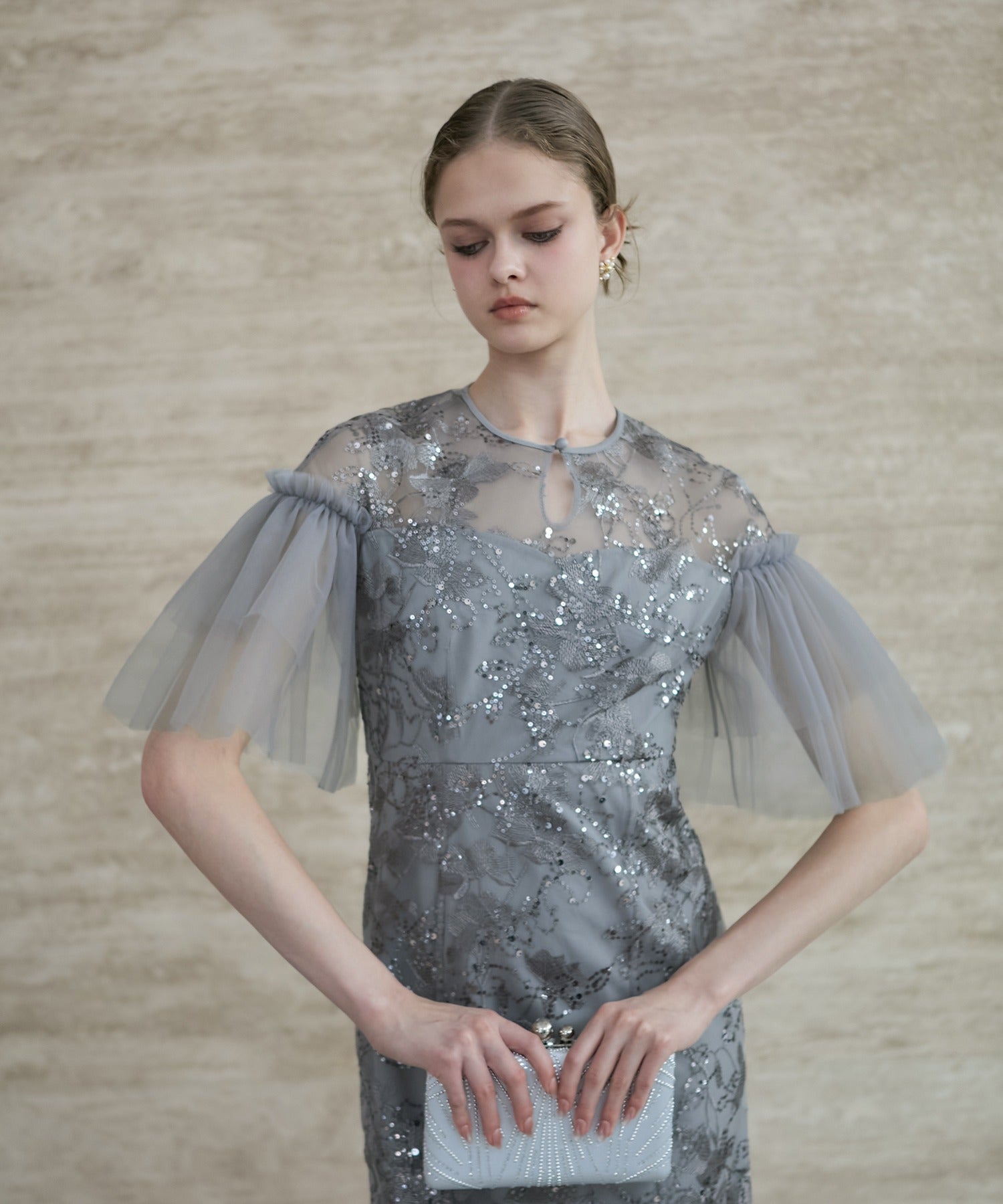 レジャ Leja フラワースパンコールチュールスリーブIラインドレスワンピース美脚効果結婚式 パーティードレス 成人式 二次会 同窓会 お呼ばれ オケージョン 20代 30代 40代 （GRAY） GRAY