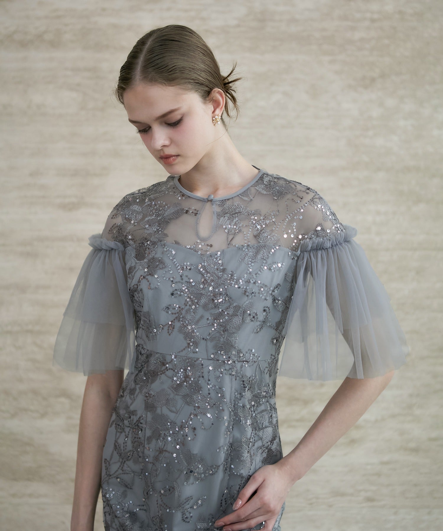 レジャ Leja フラワースパンコールチュールスリーブIラインドレスワンピース美脚効果結婚式 パーティードレス 成人式 二次会 同窓会 お呼ばれ オケージョン 20代 30代 40代 （GRAY） GRAY