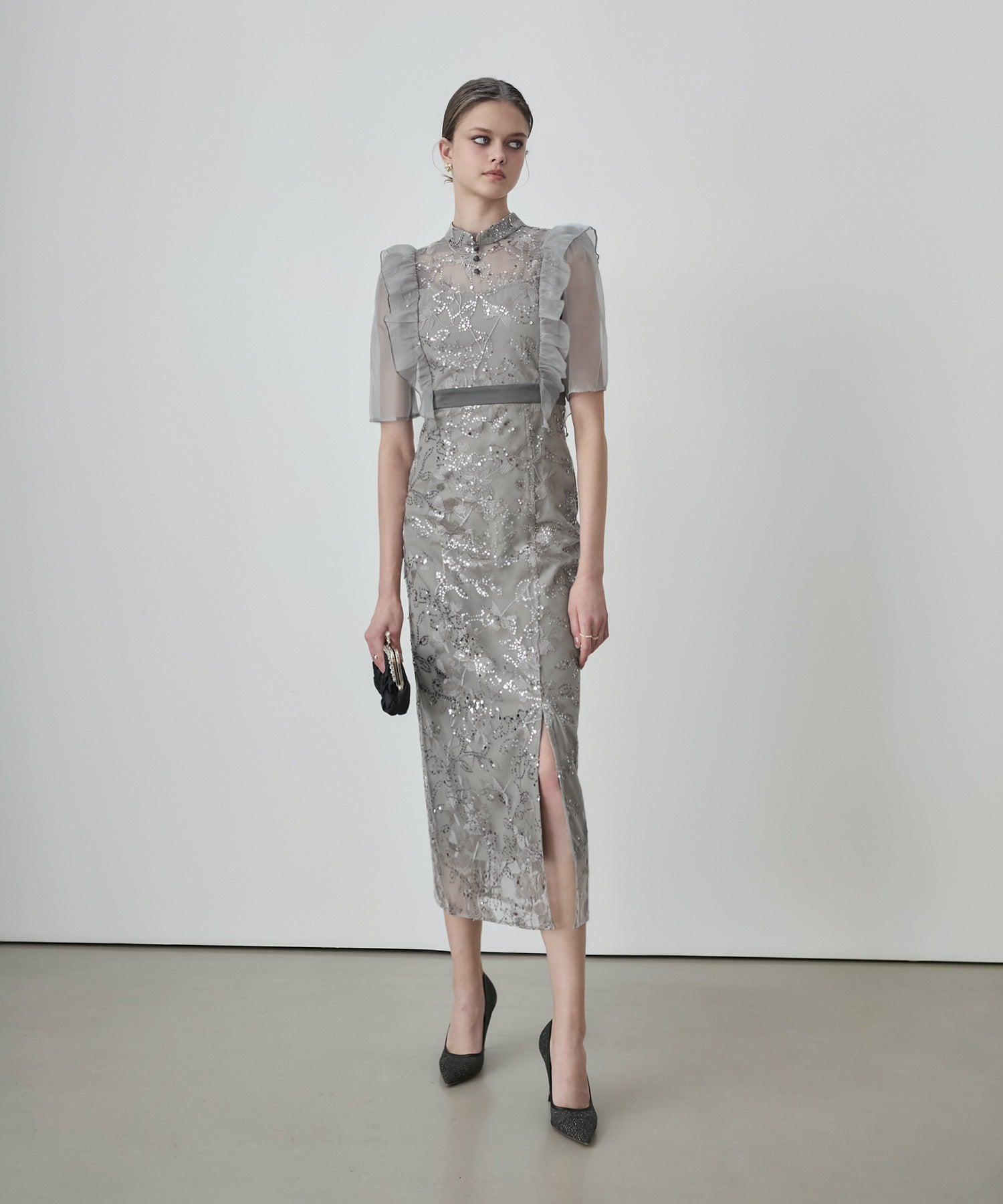 レジャ Leja フラワースパンコールシアーフリルIラインワンピースドレス美脚効果結婚式 パーティードレス 成人式 二次会 同窓会 お呼ばれ オケージョン 20代 30代 40代 （GRAY） GRAY