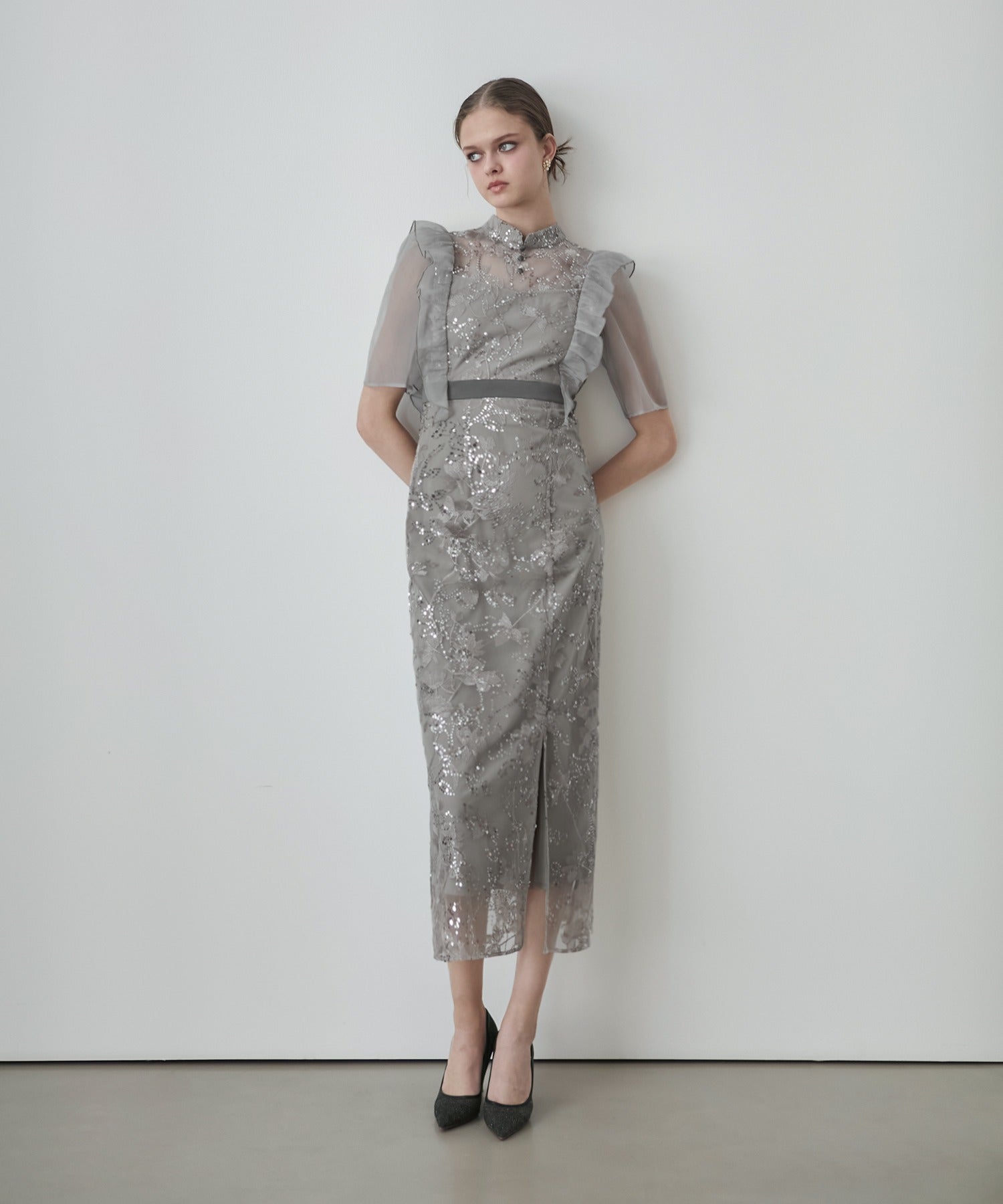 レジャ Leja フラワースパンコールシアーフリルIラインワンピースドレス美脚効果結婚式 パーティードレス 成人式 二次会 同窓会 お呼ばれ オケージョン 20代 30代 40代 （GRAY） GRAY