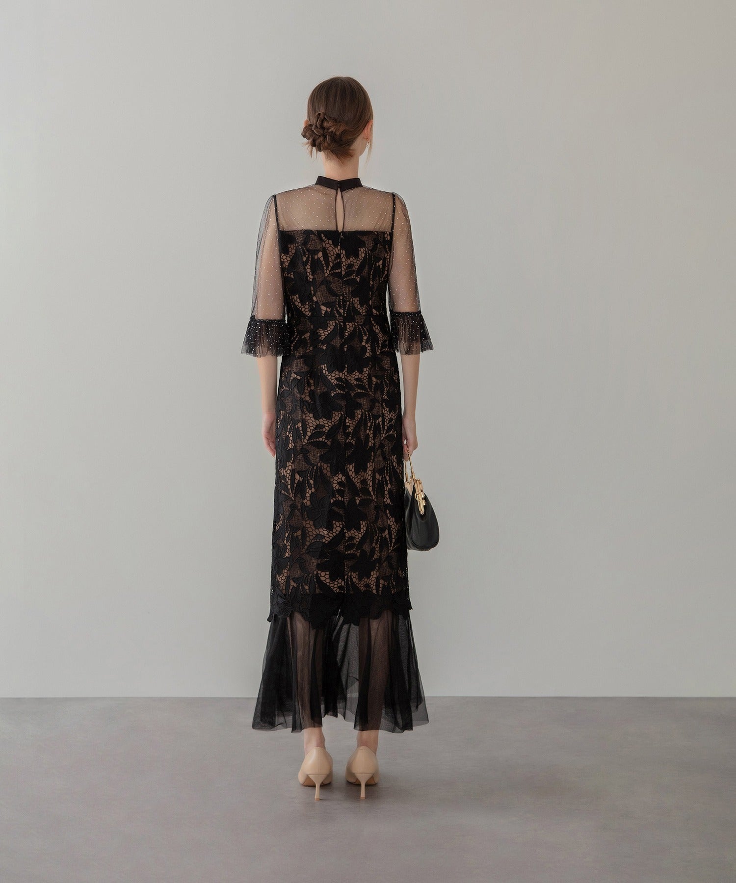 レジャ Leja フラワーレースドットストーンチュールIラインワンピースドレス美脚効果結婚式 パーティードレス 成人式 二次会 同窓会 お呼ばれ オケージョン 20代 30代 40代 （BLACK） BLACK