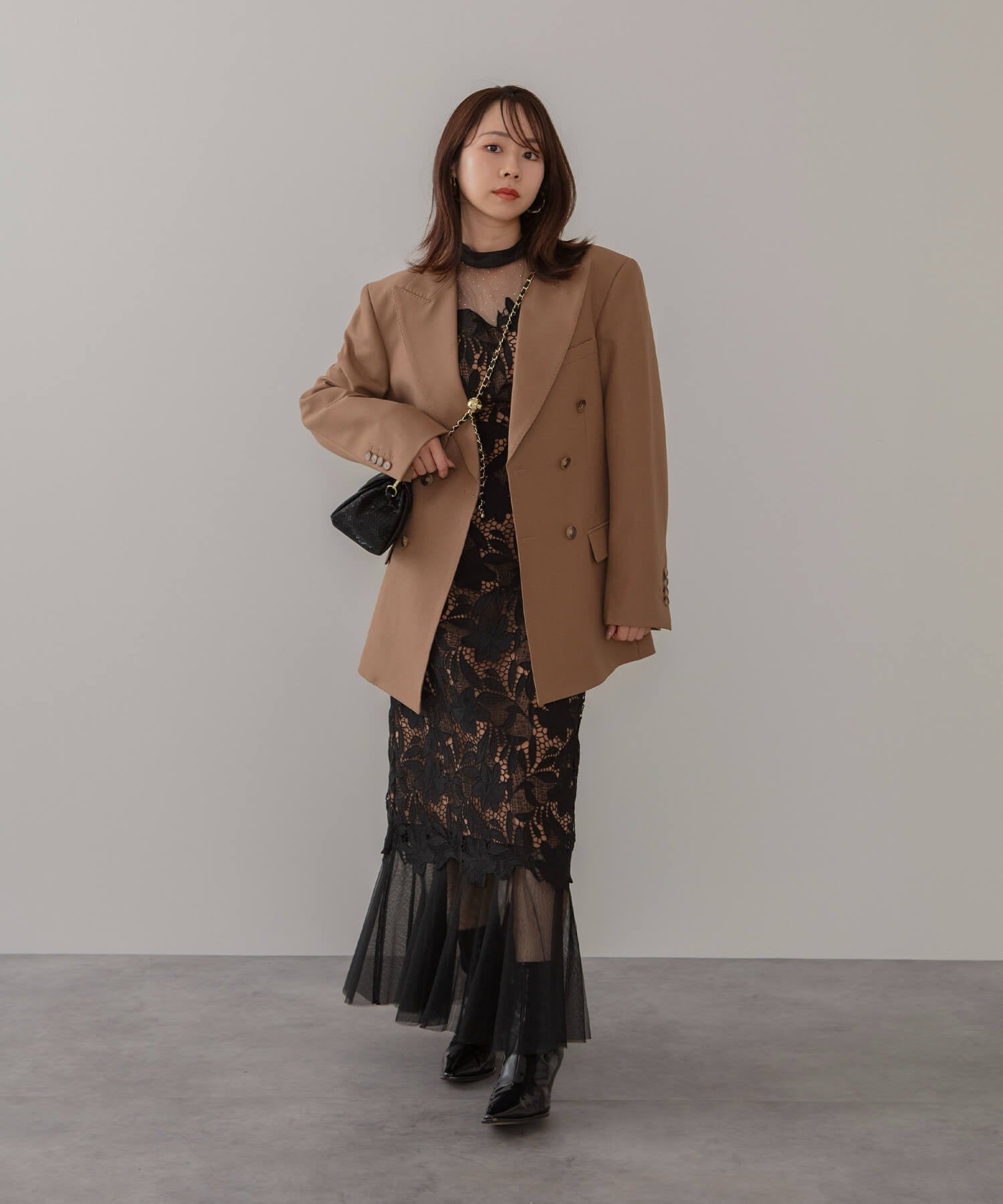 レジャ Leja フラワーレースドットストーンチュールIラインワンピースドレス美脚効果結婚式 パーティードレス 成人式 二次会 同窓会 お呼ばれ オケージョン 20代 30代 40代 （BLACK） BLACK