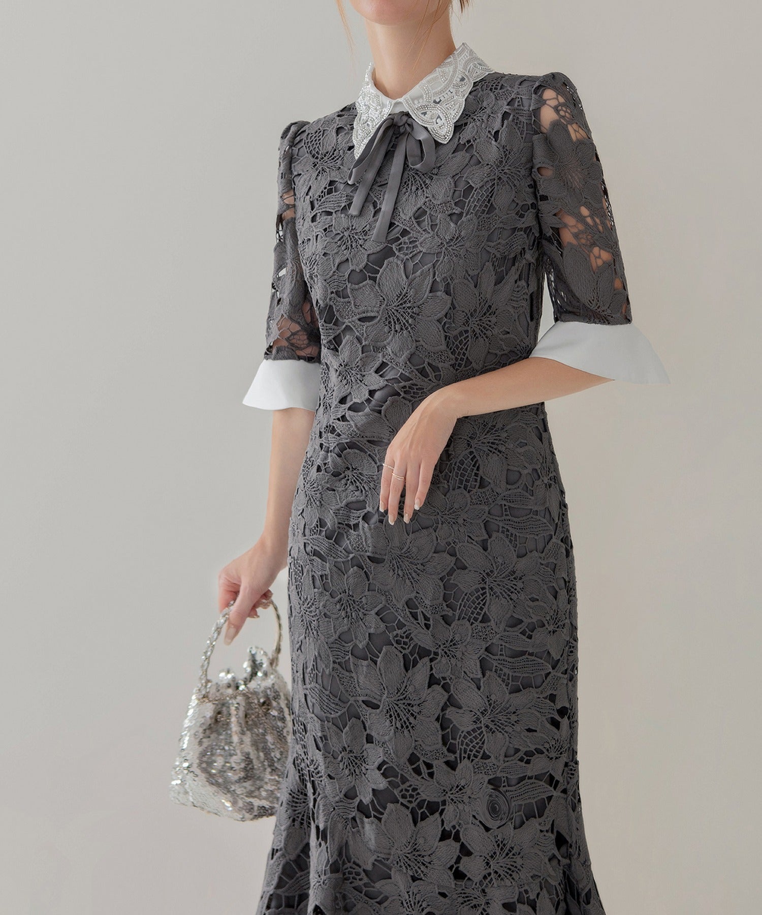 レジャ Leja パールカラーボウタイフラワーレースフィッシュテールワンピースドレス美脚効果結婚式 パーティードレス 成人式 二次会 同窓会 お呼ばれ オケージョン 20代 30代 40代 （GRAY） GRAY