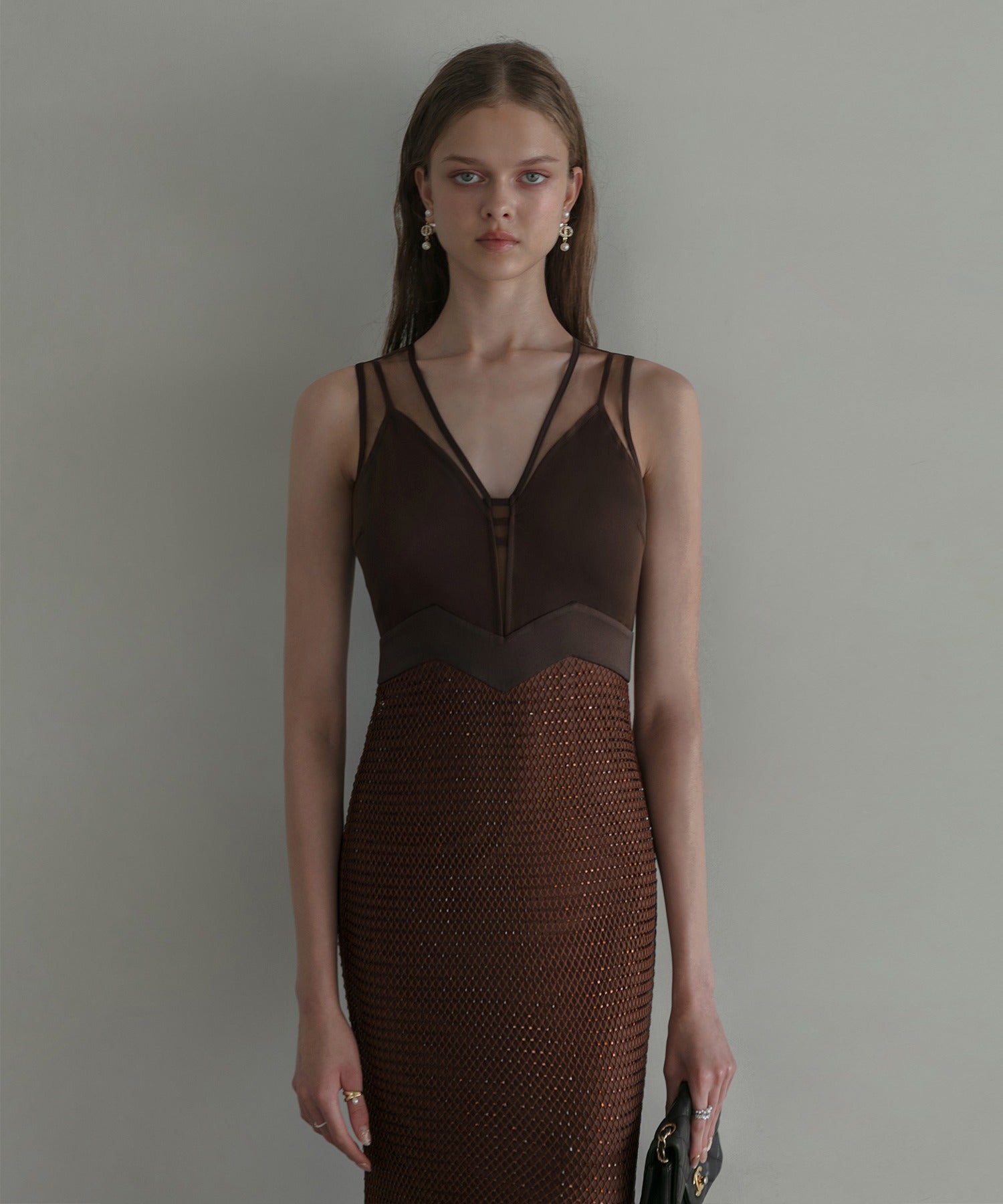 レジャ Leja VネックメッシュストーンIラインドレスワンピース美脚効果結婚式 パーティードレス 成人式 二次会 同窓会 お呼ばれ オケージョン 20代 30代 40代 （COFFEE） COFFEE