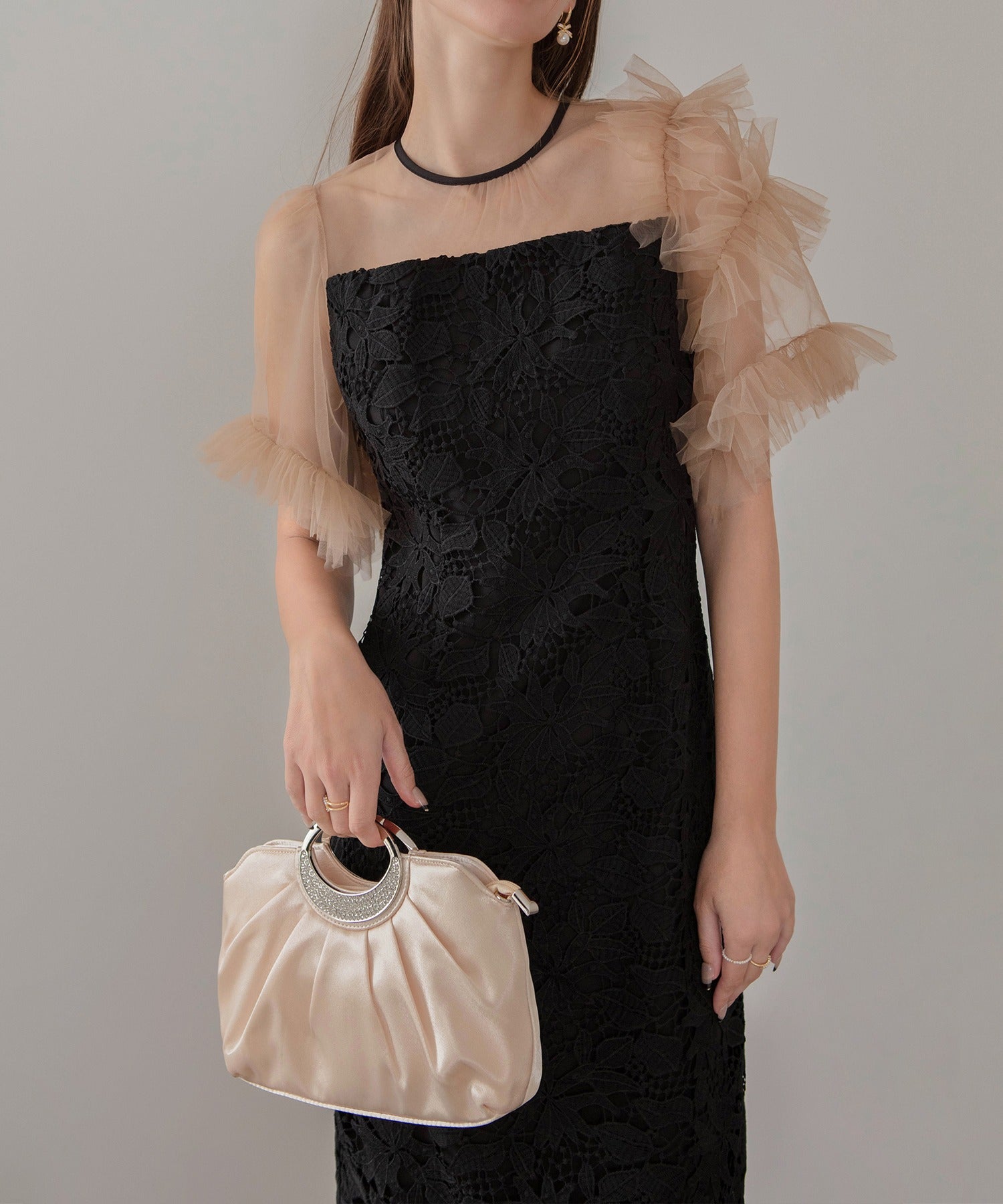 レジャ Leja アシンメトリーチュールスリーブレースフリルヘムIラインワンピースドレス美脚効果結婚式 パーティードレス 成人式 二次会 同窓会 お呼ばれ オケージョン 20代 30代 40代 （BLACK） BLACK