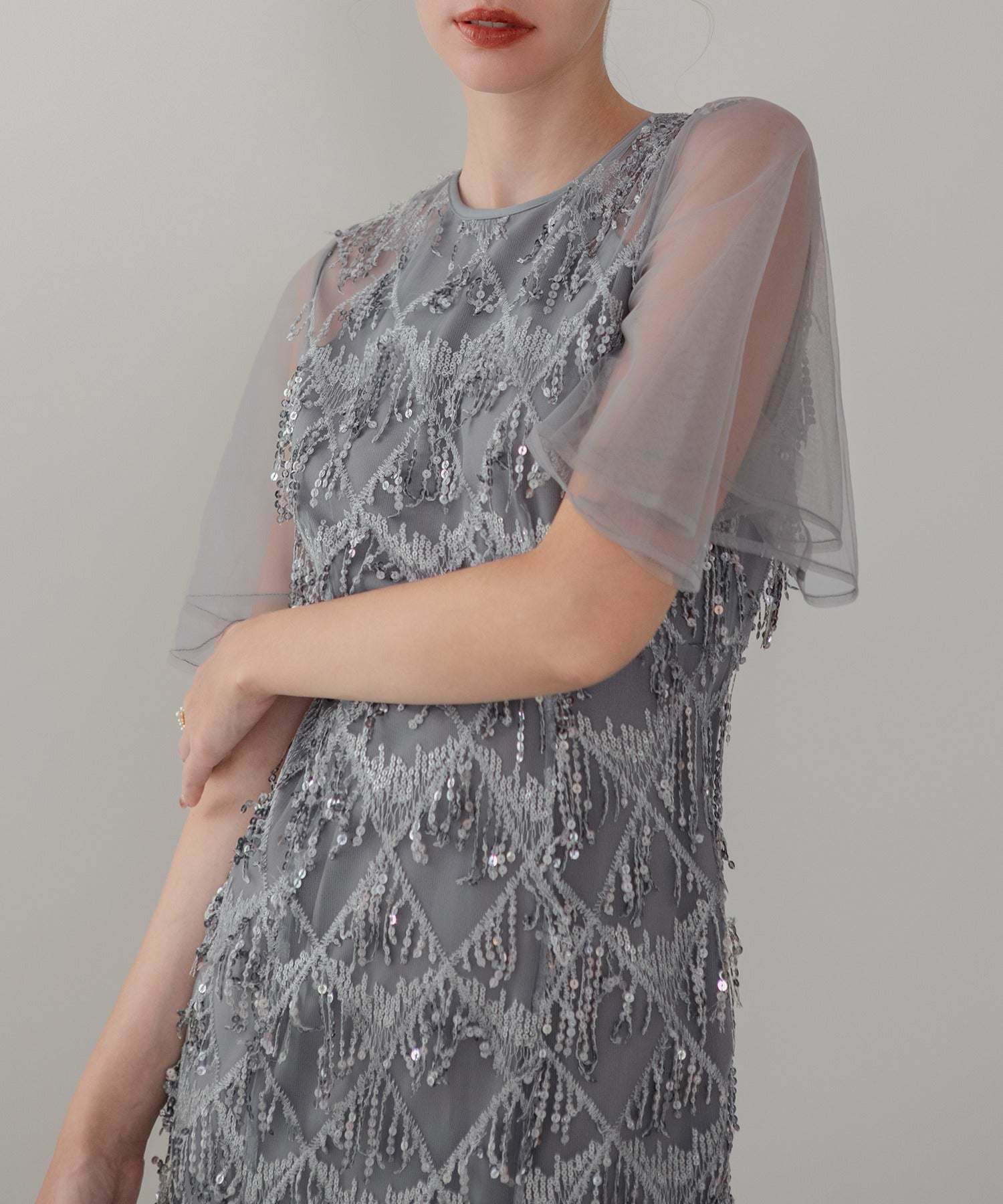 レジャ Leja チュールスリーブスパンコールマーメイドワンピースドレス美脚効果結婚式 パーティードレス 成人式 二次会 同窓会 お呼ばれ オケージョン 20代 30代 40代 （GRAY） GRAY