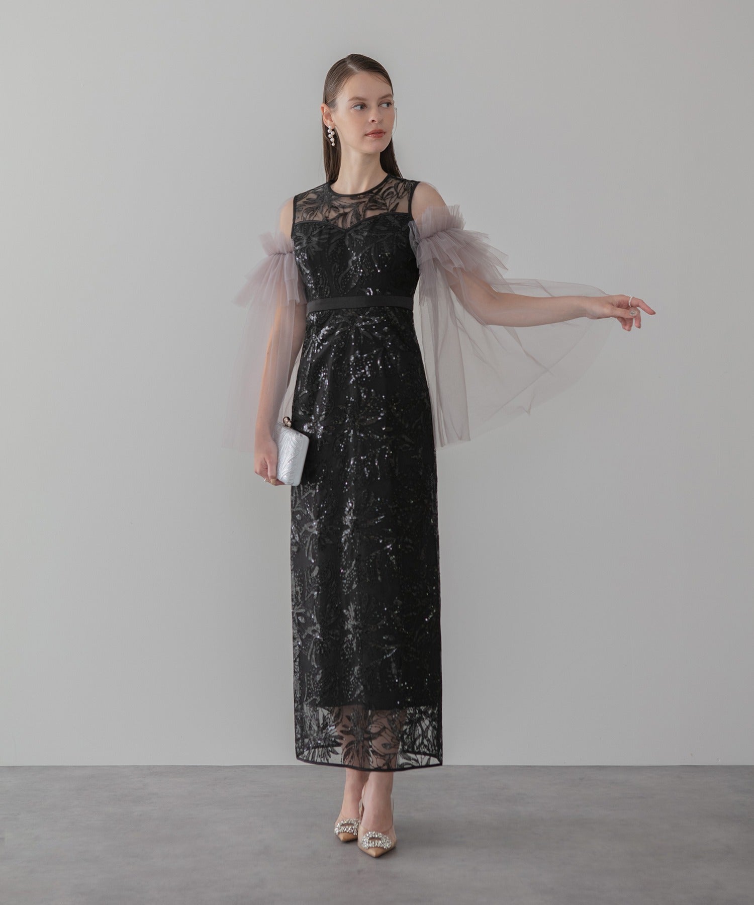 レジャ Leja フラワーチュールフリルスリーブIラインワンピースドレス美脚効果結婚式 パーティードレス 成人式 二次会 同窓会 お呼ばれ オケージョン 20代 30代 40代 （BLACK） BLACK