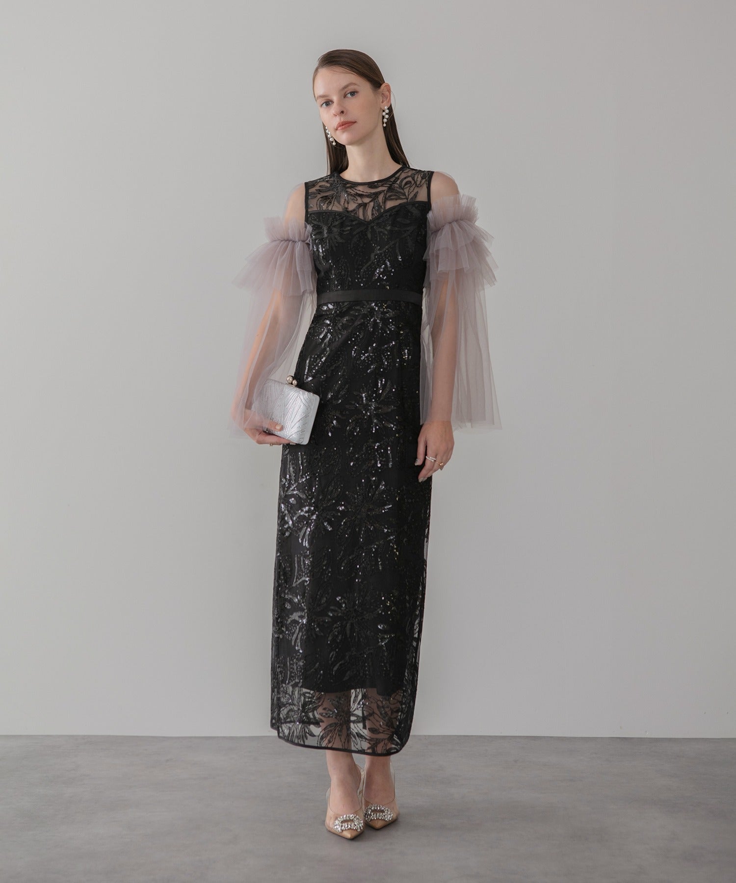 レジャ Leja フラワーチュールフリルスリーブIラインワンピースドレス美脚効果結婚式 パーティードレス 成人式 二次会 同窓会 お呼ばれ オケージョン 20代 30代 40代 （BLACK） BLACK