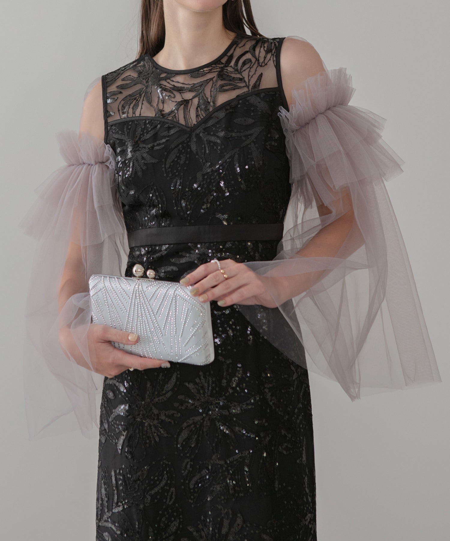 レジャ Leja フラワーチュールフリルスリーブIラインワンピースドレス美脚効果結婚式 パーティードレス 成人式 二次会 同窓会 お呼ばれ オケージョン 20代 30代 40代 （BLACK） BLACK