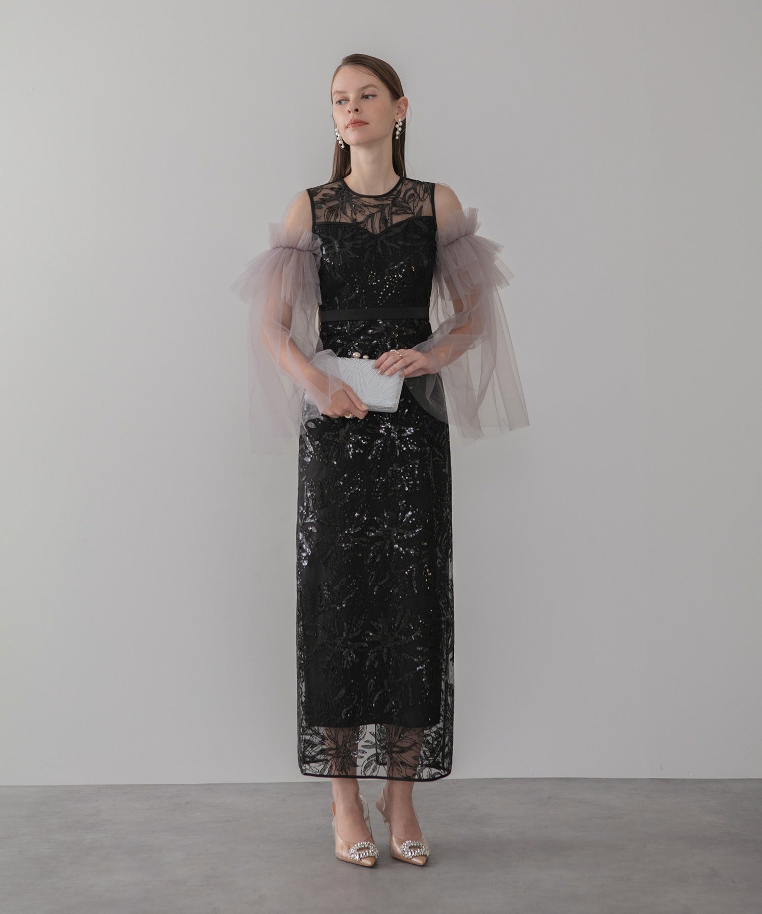 レジャ Leja フラワーチュールフリルスリーブIラインワンピースドレス美脚効果結婚式 パーティードレス 成人式 二次会 同窓会 お呼ばれ オケージョン 20代 30代 40代 （BLACK） BLACK