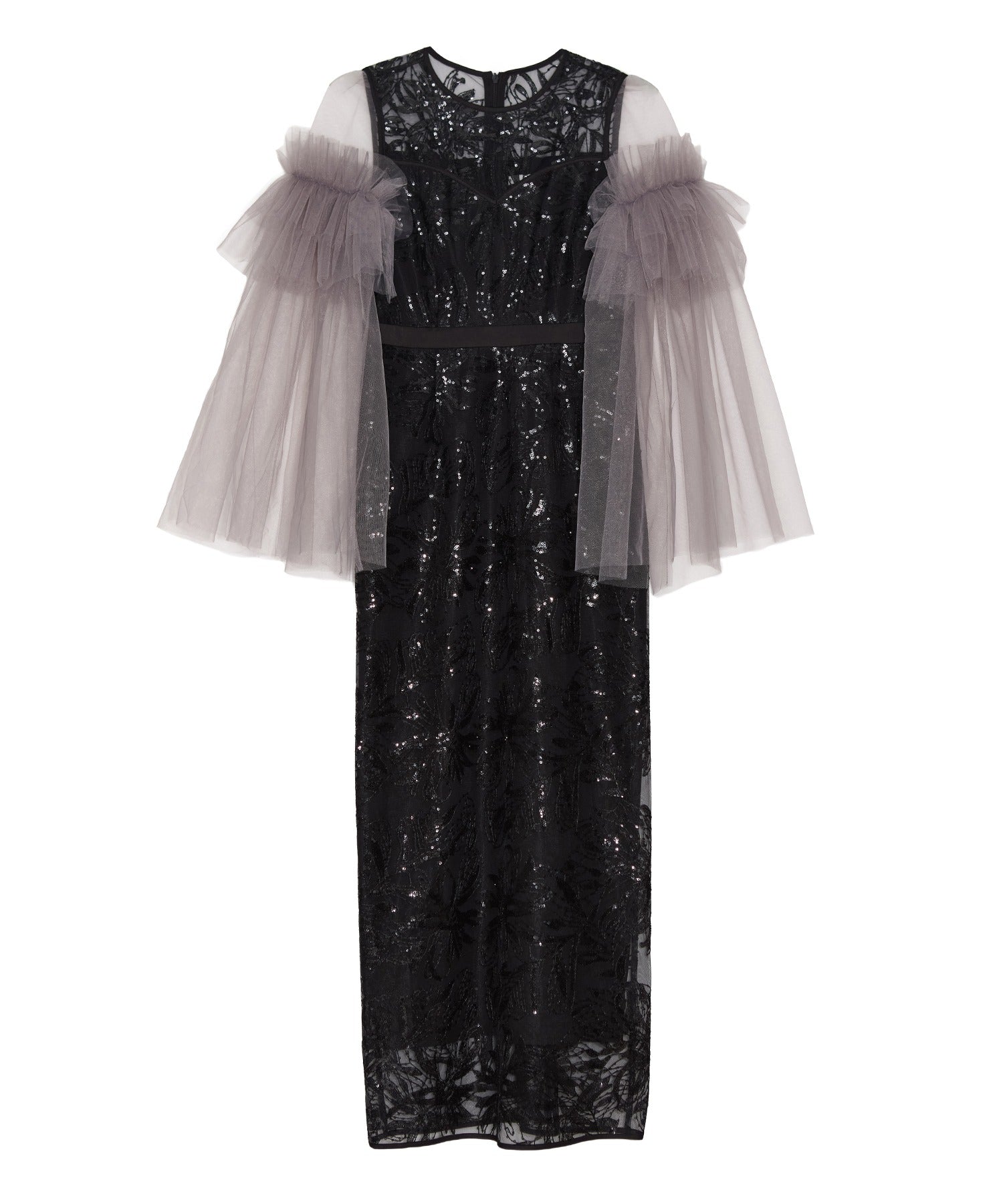 レジャ Leja フラワーチュールフリルスリーブIラインワンピースドレス美脚効果結婚式 パーティードレス 成人式 二次会 同窓会 お呼ばれ オケージョン 20代 30代 40代 （BLACK） BLACK