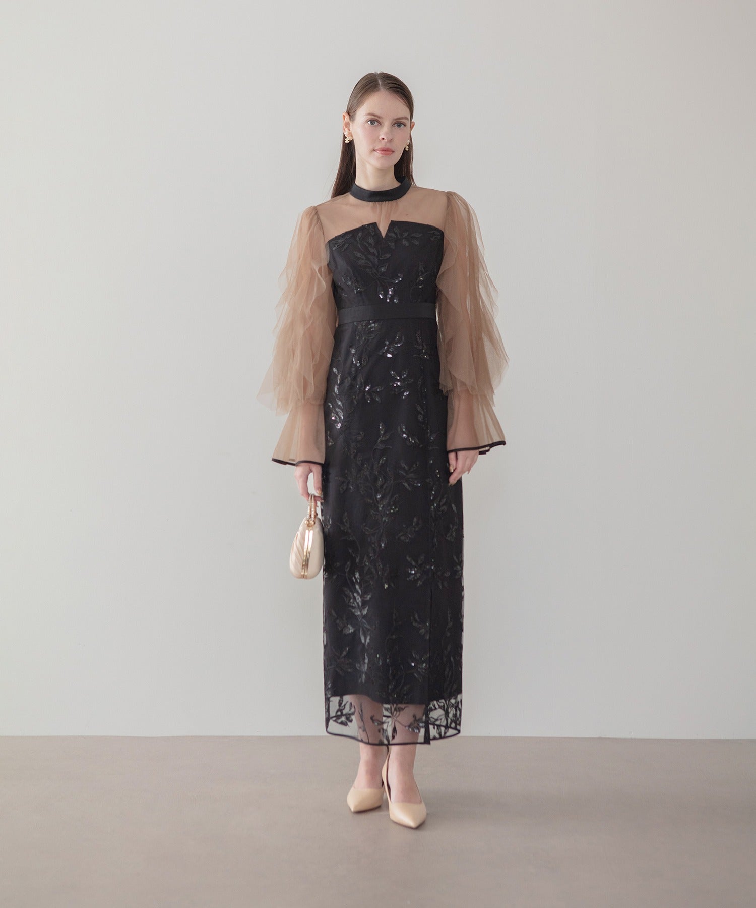 レジャ Leja パイピングチュールシアースリーブスパンコールフラワーIラインワンピースドレス美脚効果結婚式 パーティードレス 成人式 二次会 同窓会 お呼ばれ オケージョン 20代 30代 40代 （BLACK） BLACK