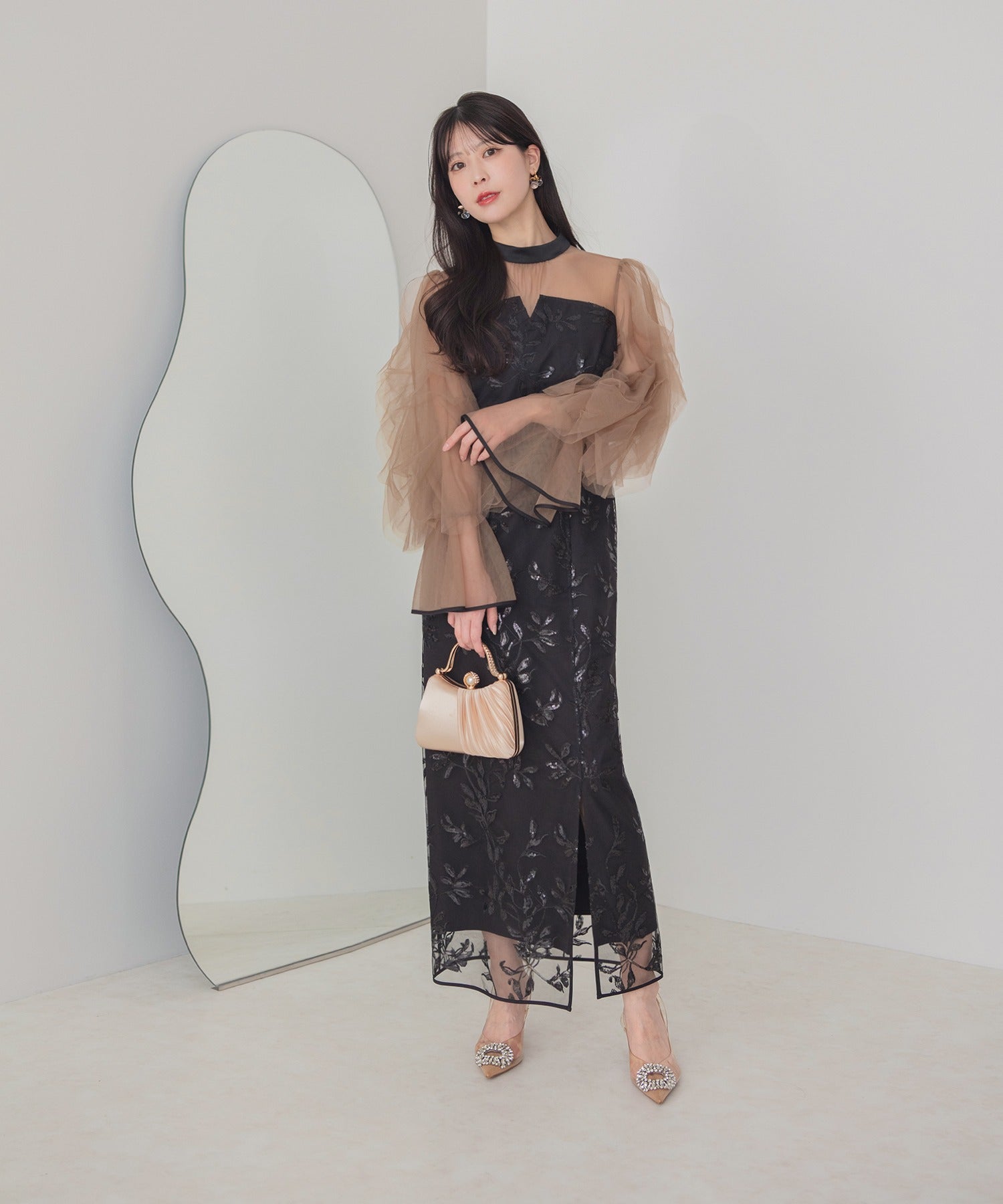 レジャ Leja パイピングチュールシアースリーブスパンコールフラワーIラインワンピースドレス美脚効果結婚式 パーティードレス 成人式 二次会 同窓会 お呼ばれ オケージョン 20代 30代 40代 （BLACK） BLACK