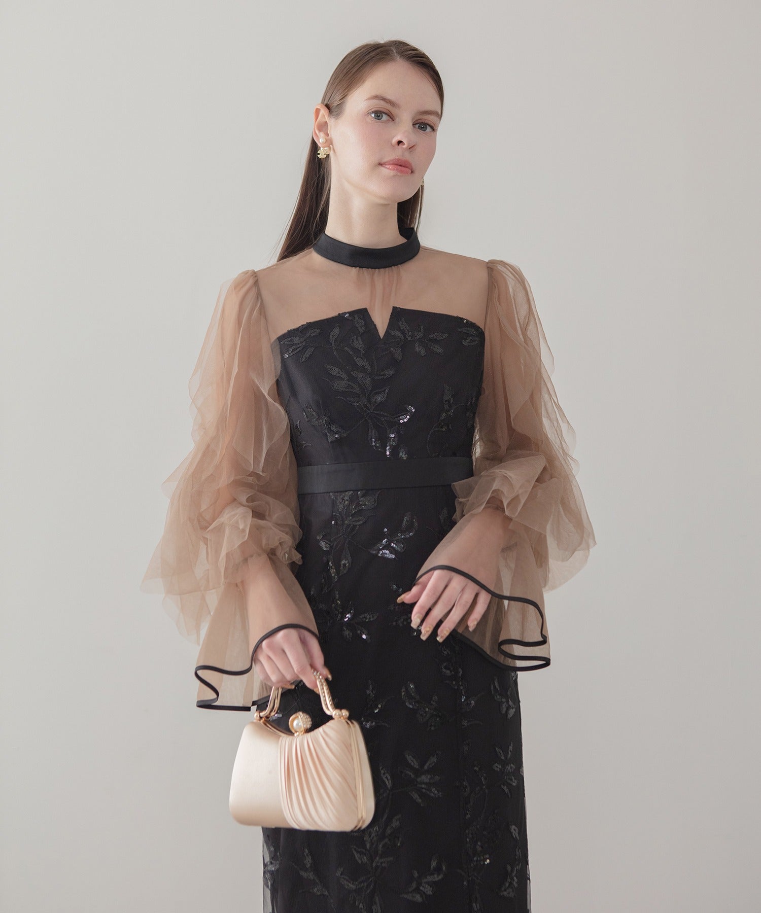 レジャ Leja パイピングチュールシアースリーブスパンコールフラワーIラインワンピースドレス美脚効果結婚式 パーティードレス 成人式 二次会 同窓会 お呼ばれ オケージョン 20代 30代 40代 （BLACK） BLACK